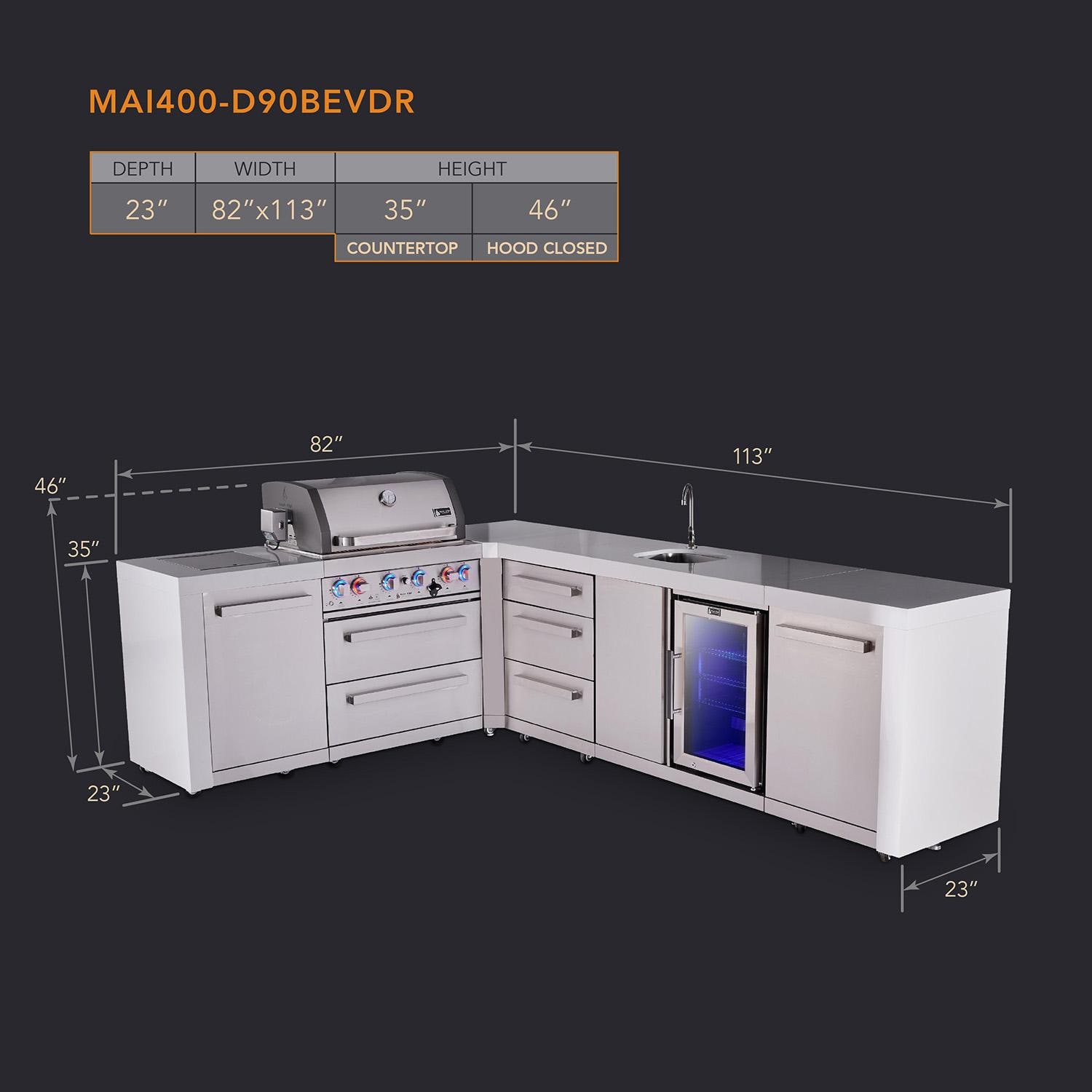 Mont Alpi Deluxe Series 9 1/2 Ft L-Shaped Natural Gas Outdoor Kitchen Island w/ 32-in Grill, Side Burner, Beverage Center & Triple Drawer (Ships Propane w/ Conversion Kit) - Dimensions - Dimensional thumbnail