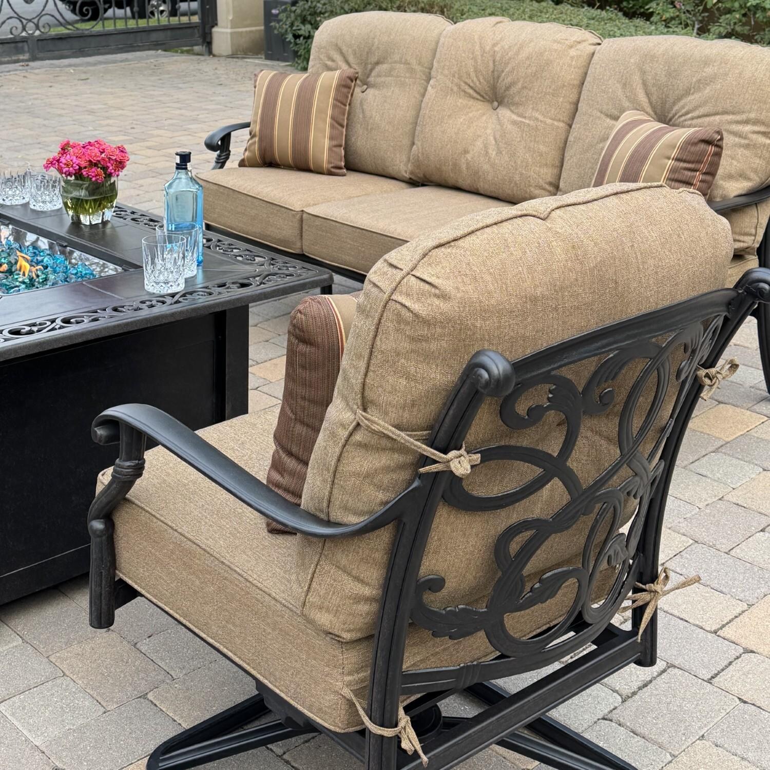 Santa Monica 6 Pc Cast Aluminum Seating Set w/ 49 X 35 Inch Fire Pit Table w/ 2 Rocker Club Chairs in Sesame/Antique Bronze by Darlee - Angled View - Lifestyle