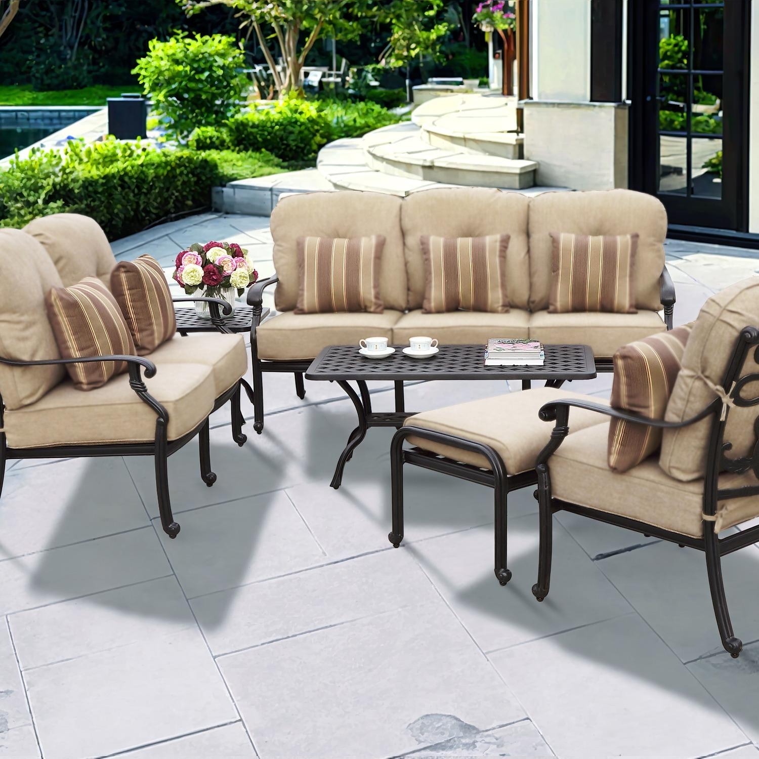 Darlee Santa Monica 6 Pc Cast Aluminum Seating Set w/ Series 30 Tables & Throw Pillows in Antique Bronze/Beige Canvas by - B/DL2058-6PCD-30ABSP