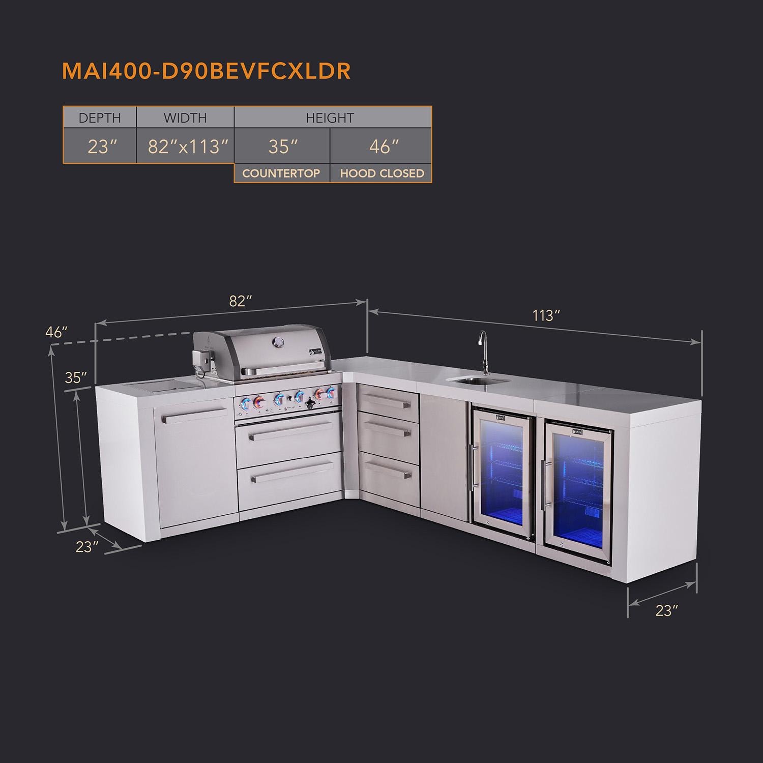 Mont Alpi Deluxe Series 9 1/2 Ft Propane Outdoor Kitchen Island w/ 32-in Grill, Side Burner, Beverage Center, Fridge & Triple Drawer - MAi400-D90BEVFCDR - Dimensions - Dimensional thumbnail