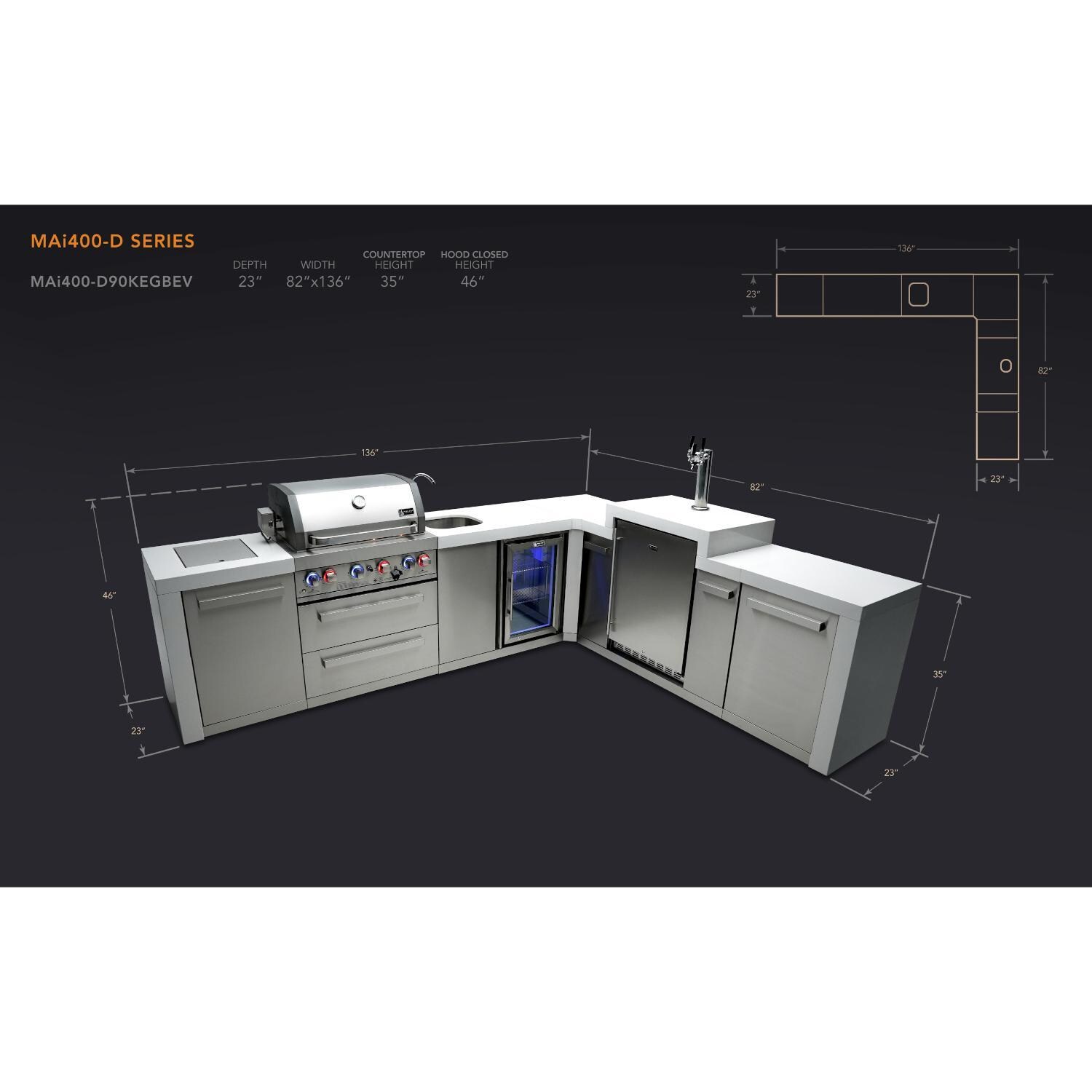 Mont Alpi MAi400-D90KEGBEV 400 Deluxe Propane Island W/ 90 Degree Corner, Kegerator & Beverage Center - Dimensional thumbnail