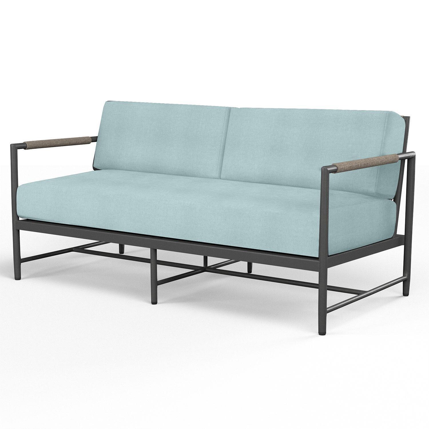 Pietra Rope & Aluminum Patio Loveseat in Dupione Celeste w/ No Welt by Sunset West - Display - White Background thumbnail