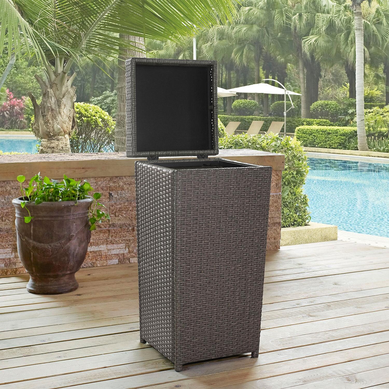 Chester Bay Wicker Outdoor Trash Can in Weathered Gray by Ultimate Patio - Open - Lifestyle thumbnail