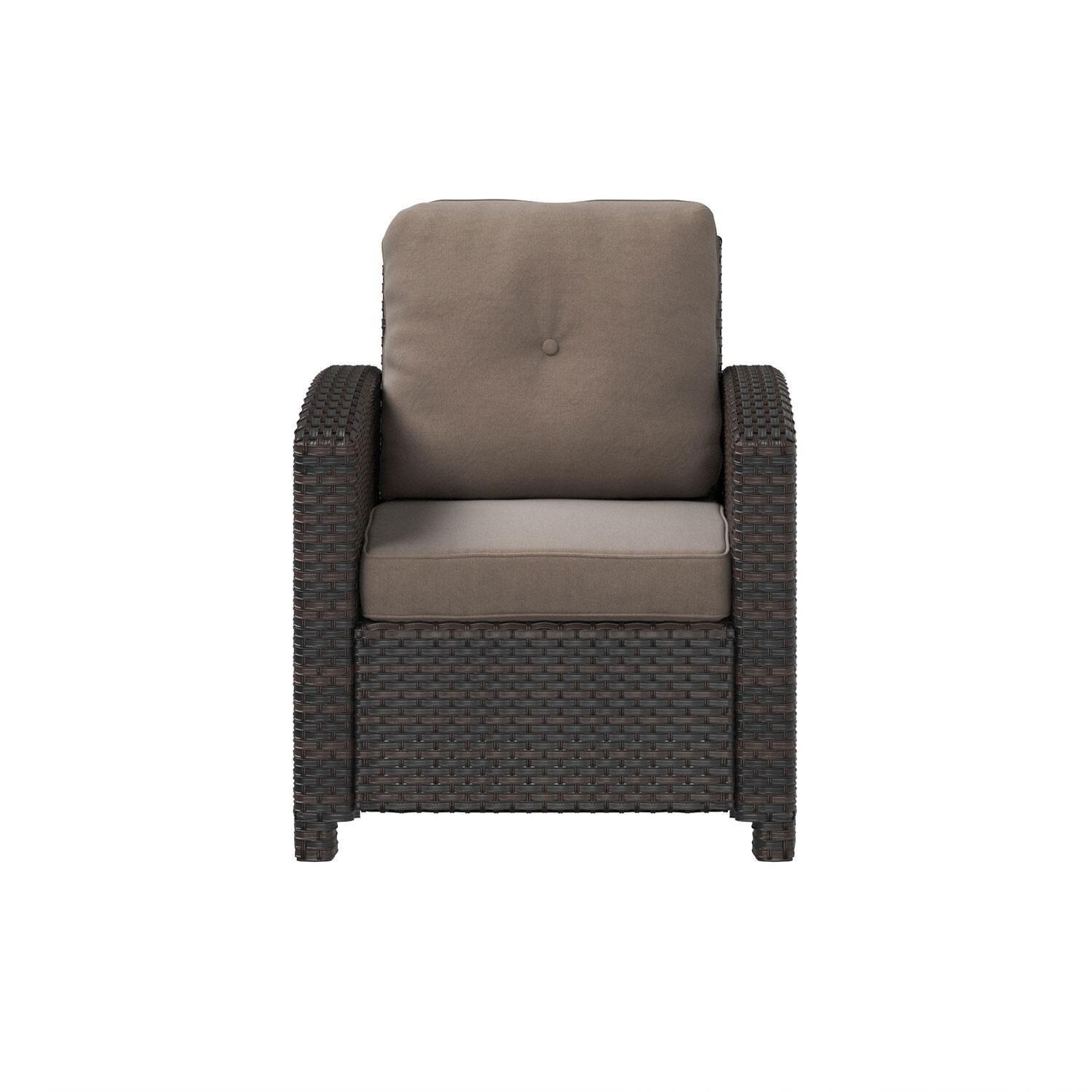La Flore 5 Pc Resin Wicker Fire Pit Seating Set in Mocha by Ultimate Patio - Club Chair (Four Included) - White Background thumbnail