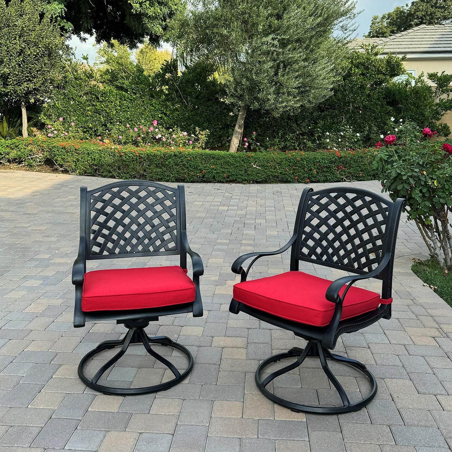 Nassau 7 Pc Cast Aluminum Patio Dining Set W/ 2 Swivel Rockers & Red Cushions By Darlee - Swivel Dining Chairs - Back Patio - Lifestyle thumbnail