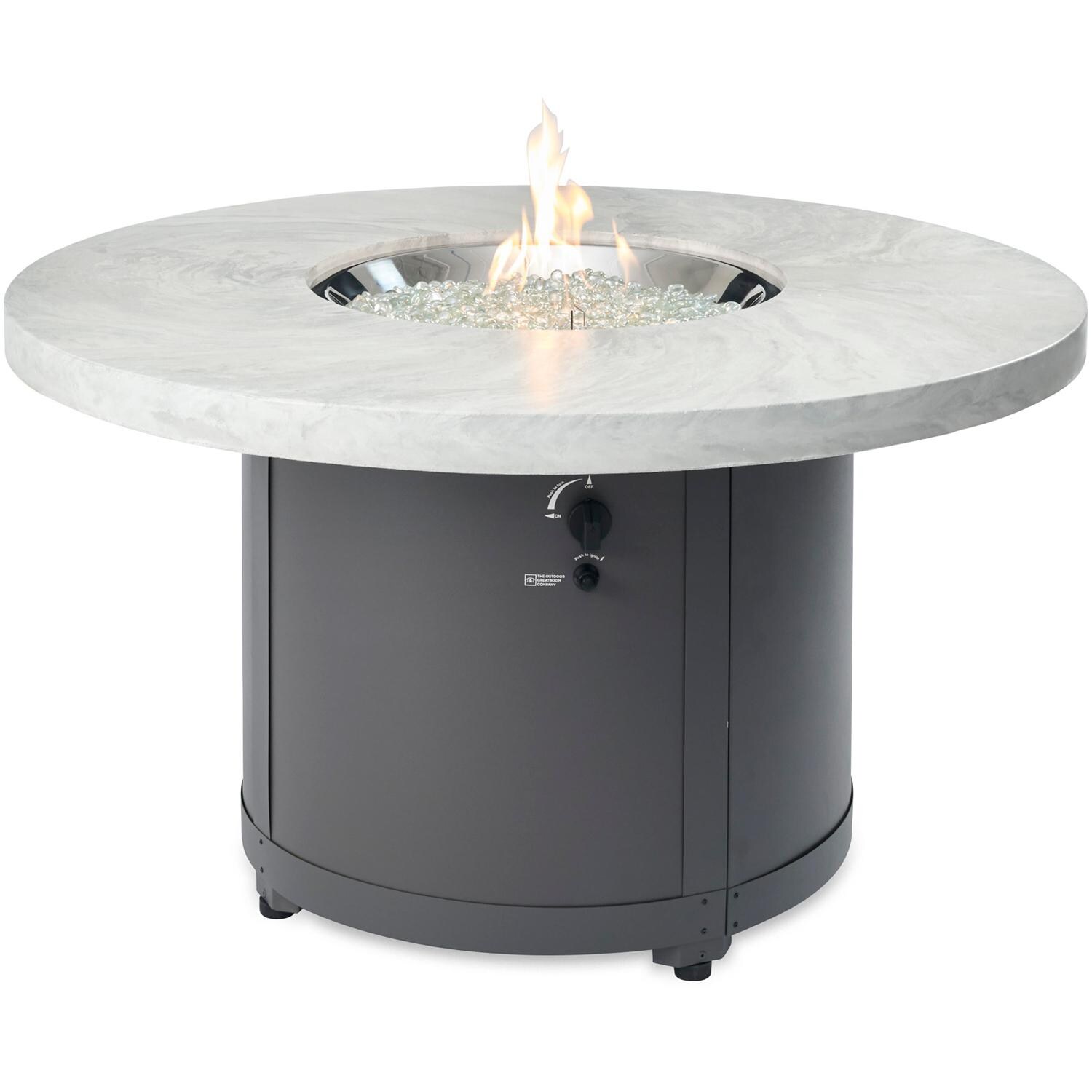The Outdoor GreatRoom Company Beacon BC-20-WO-NG 48-Inch Round Natural Gas Fire Pit Table with 20-Inch Crystal Fire Burner - Ships As Propane With Conversion Fittings - White Onyx - Shown With Burner Lit thumbnail