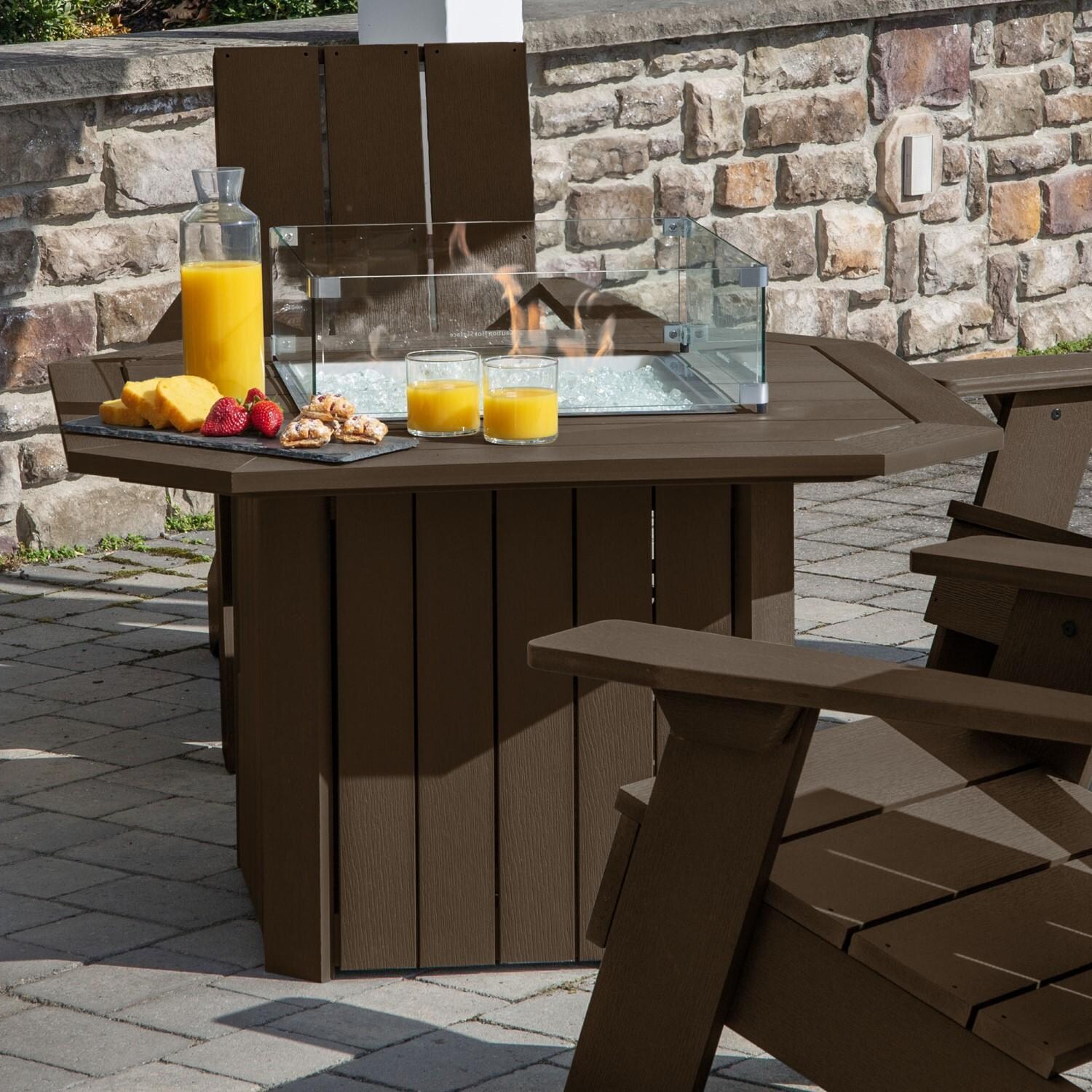 Harborview 5 Pc Adirondack Set W/ Fire Pit Table in Weathered Acorn by Lakeview Outdoor Designs - Side View Table - Lifestyle thumbnail