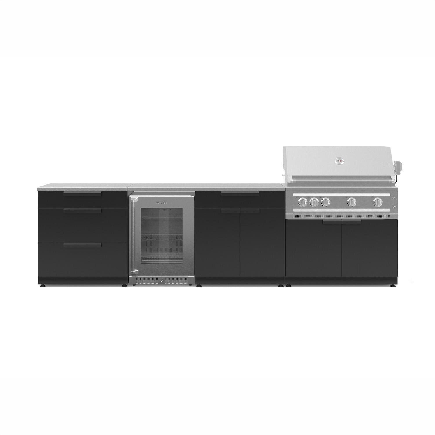 NewAge Products 71376 Classic Series 10 1/2 Ft Outdoor Kitchen Island w/ 40-in Propane Grill, Glass Door Refrigerator, Trash Bin, Door & Drawer in Matte Black/Stainless Steel - Island - White Background thumbnail