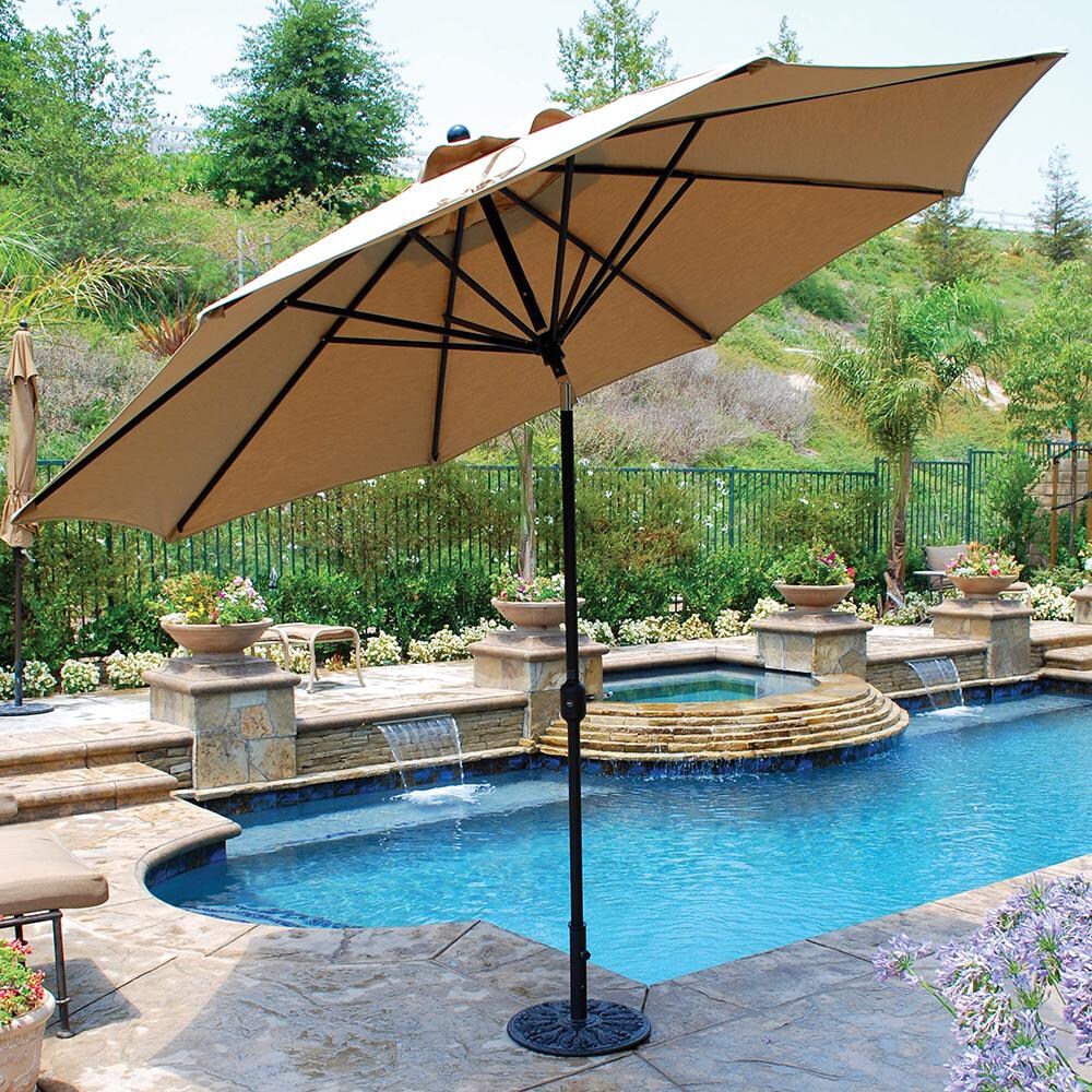 Galtech 11 Ft. Octagonal Patio Umbrella W/ Crank Lift - Lifestyle View - Shown In Antique Bronze Finish W/ Antique Beige Sunbrella Fabric (Umbrella Base Not Included)