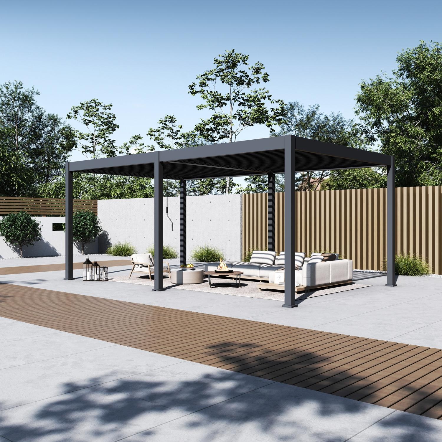 Paragon Outdoor PRGRT-1220GY Grand Tuscan 12' x 20' Slate Gray Aluminum Louvered Pergola - On Patio - Detail thumbnail