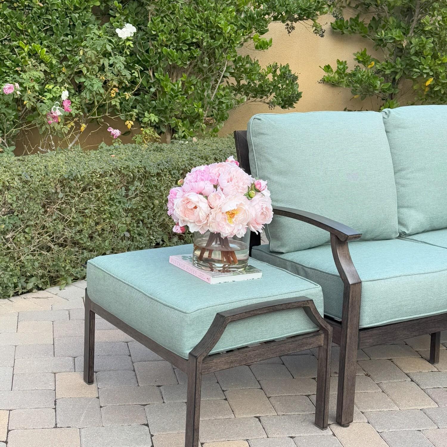 Atlantis 6 Pc Aluminum Seating Set w/ Sofa, 2 Swivel Rocker Club Chairs, 2 Ottomans & Ice Bucket in Walnut/Spa by Darlee - Ottoman - Lifestyle thumbnail