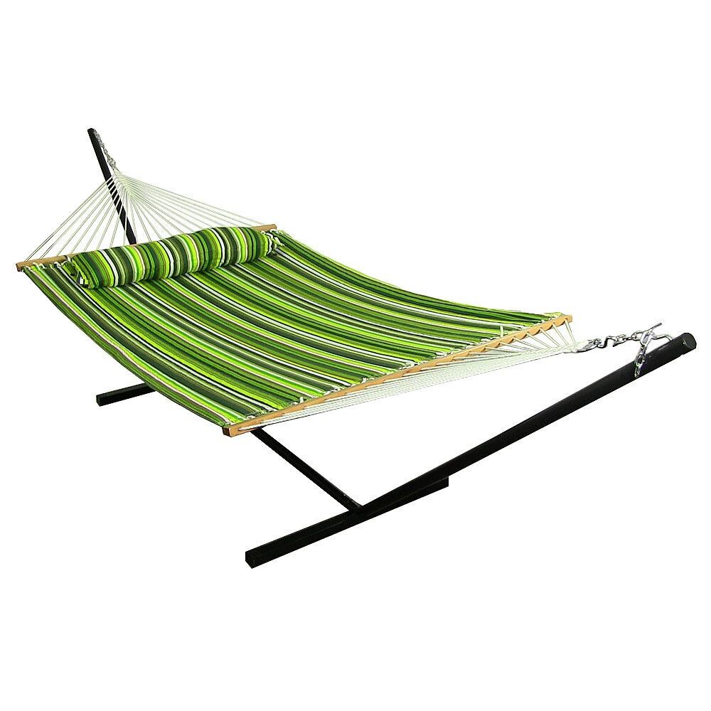 Sunnydaze Decor Quilted Double Hammock & Pillow w/ 12-Foot Black Stand - Melon Stripe - LY-QFH-MS-COMBO image