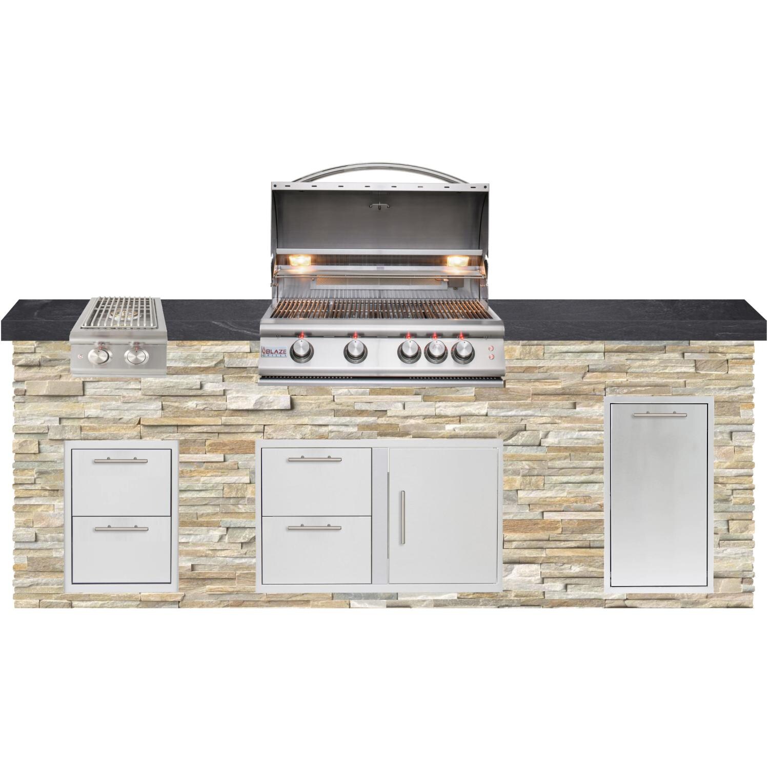 BBQGuys Signature 8ft Luxury Outdoor Island W/ Blaze Premium LTE 32-Inch Natural Gas Grill & Double Side Burner - Golden Honey Stone W/ Black Polished Granite thumbnail