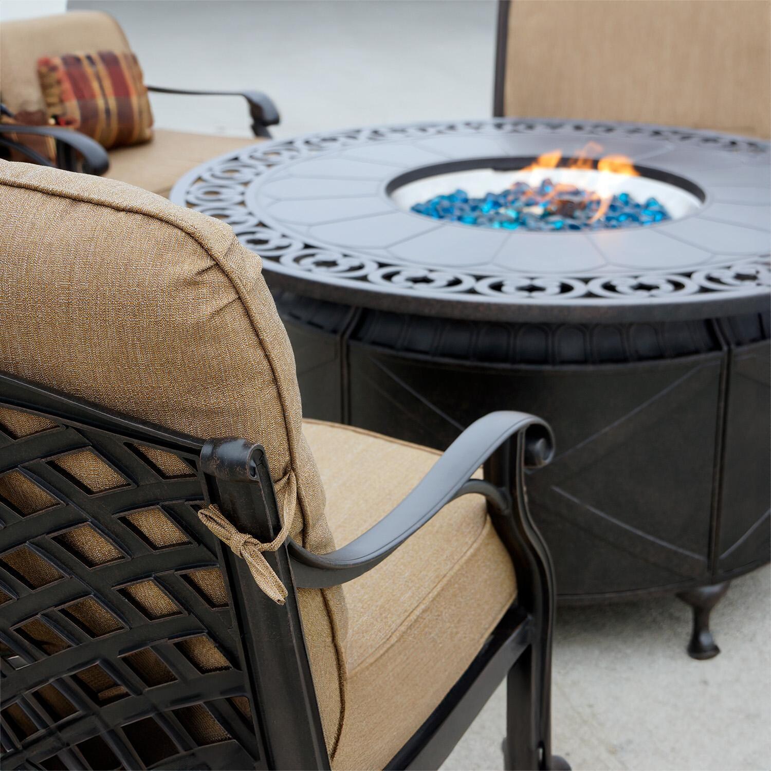 Darlee Nassau 4-Piece Patio Propane Fire Pit Sofa Conversation Set (with 2 Swivel Rocker Club Chairs) with Cushions and 47 Inch Round Fire Pit Chat Table and Fireglass - Close Up Chair - Lifestyle thumbnail