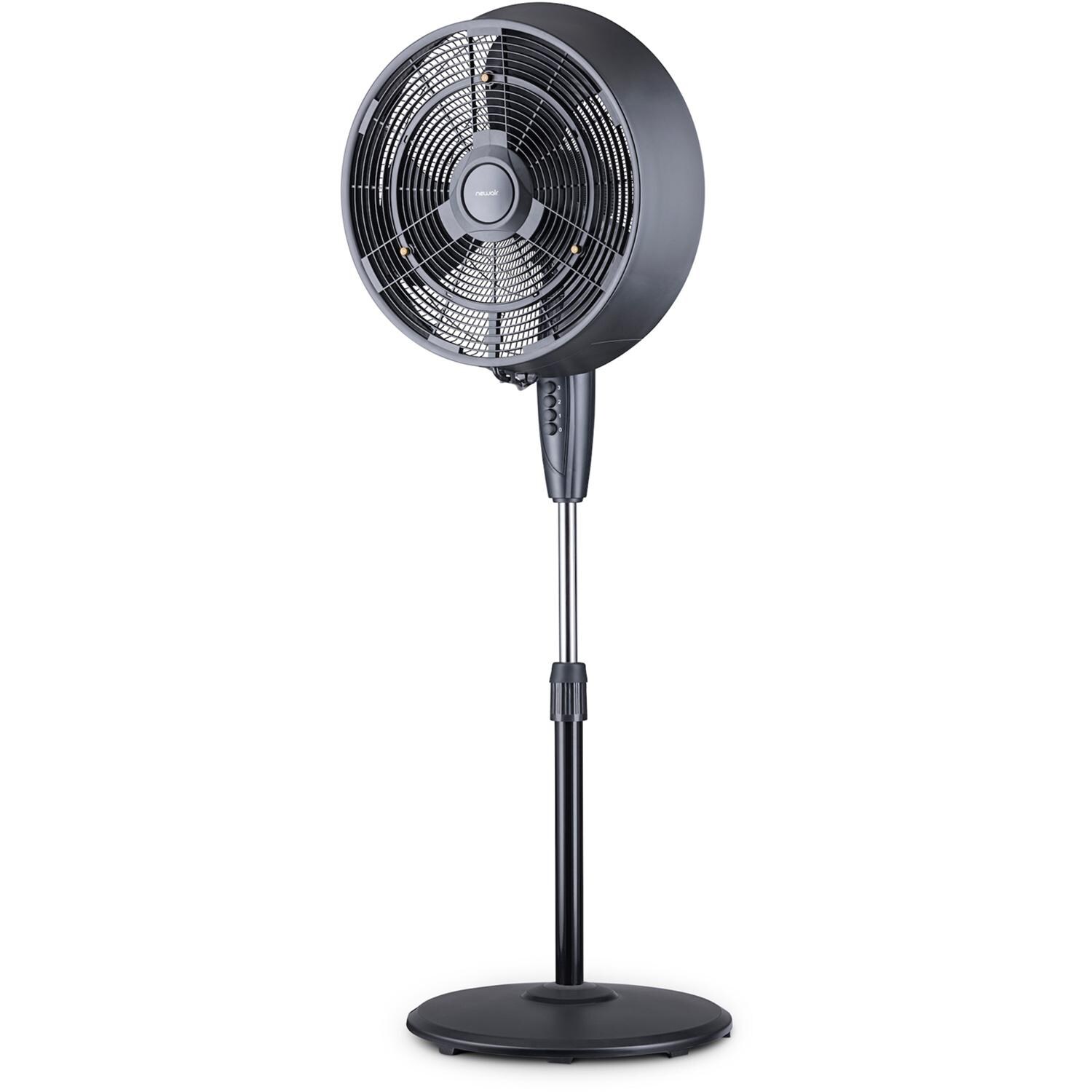 NewAir FMF2K5BK00 18-in Misting & Oscillating Pedestal Fan for Indoor & Outdoor w/ Adjustable Height & Head Tilt - 1600 CFM - Angled Left - White Background thumbnail