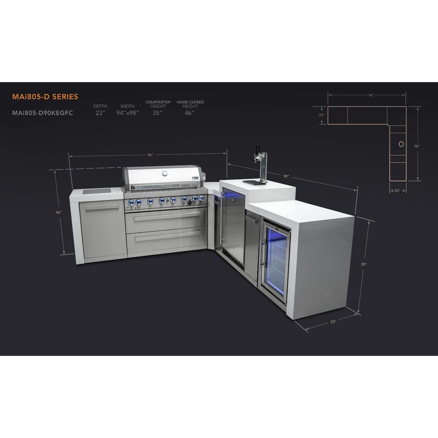 Mont Alpi MAi805-D90KEGFC 805 Deluxe Propane Island W/ 90 Degree Corner, Kegerator & Fridge Cabinet - Dimensional thumbnail