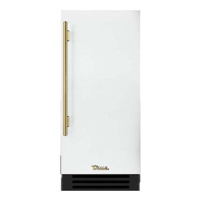 True TUI-15-R-OP-D~DSK-030-H01 15-Inch 85 Lb. Right Hinge Outdoor Ice Maker - Matte White w/ Brass Handle - Display - White Background thumbnail
