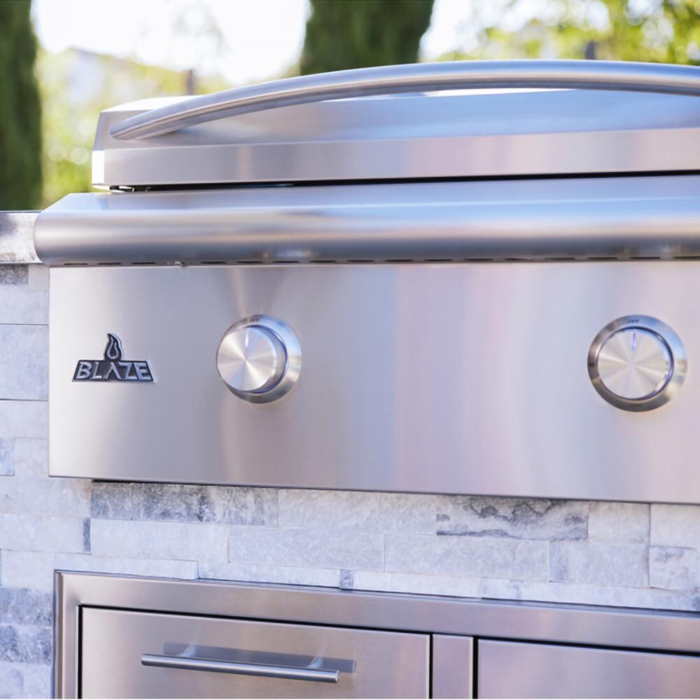 BBQGuys Signature 10 Ft Grill Island w/ 32 Inch Propane Blaze Premium LTE+ Grill & Griddle, Narrow Trash Bin & Door & Drawer | Alaska Gray w/ Black Granite - Griddle - Lifestyle thumbnail