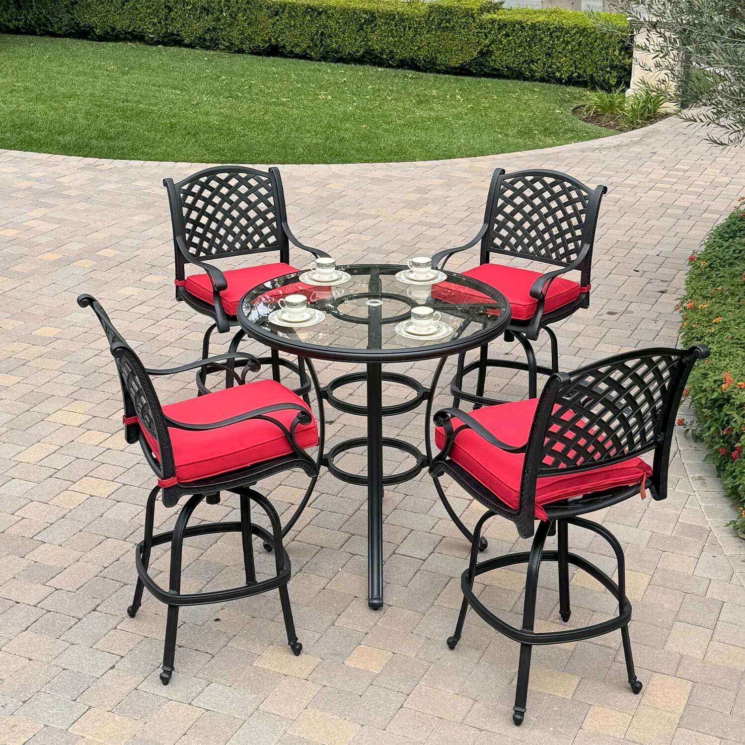 Nassau Cast Aluminum 4 Pc Set Swivel Bar Stool Set in Antique Bronze/Red by Darlee - Shown W/ Set (Sold Separately) - Lifestyle thumbnail