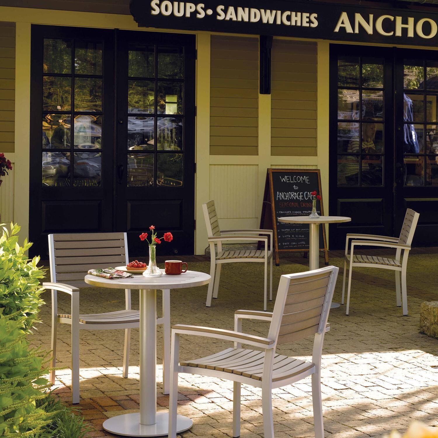 Oxford Garden Travira 4 Pc Aluminum Dining Chair W/ Vintage Tekwood Slats and Arm Caps in Flint - Cafe thumbnail