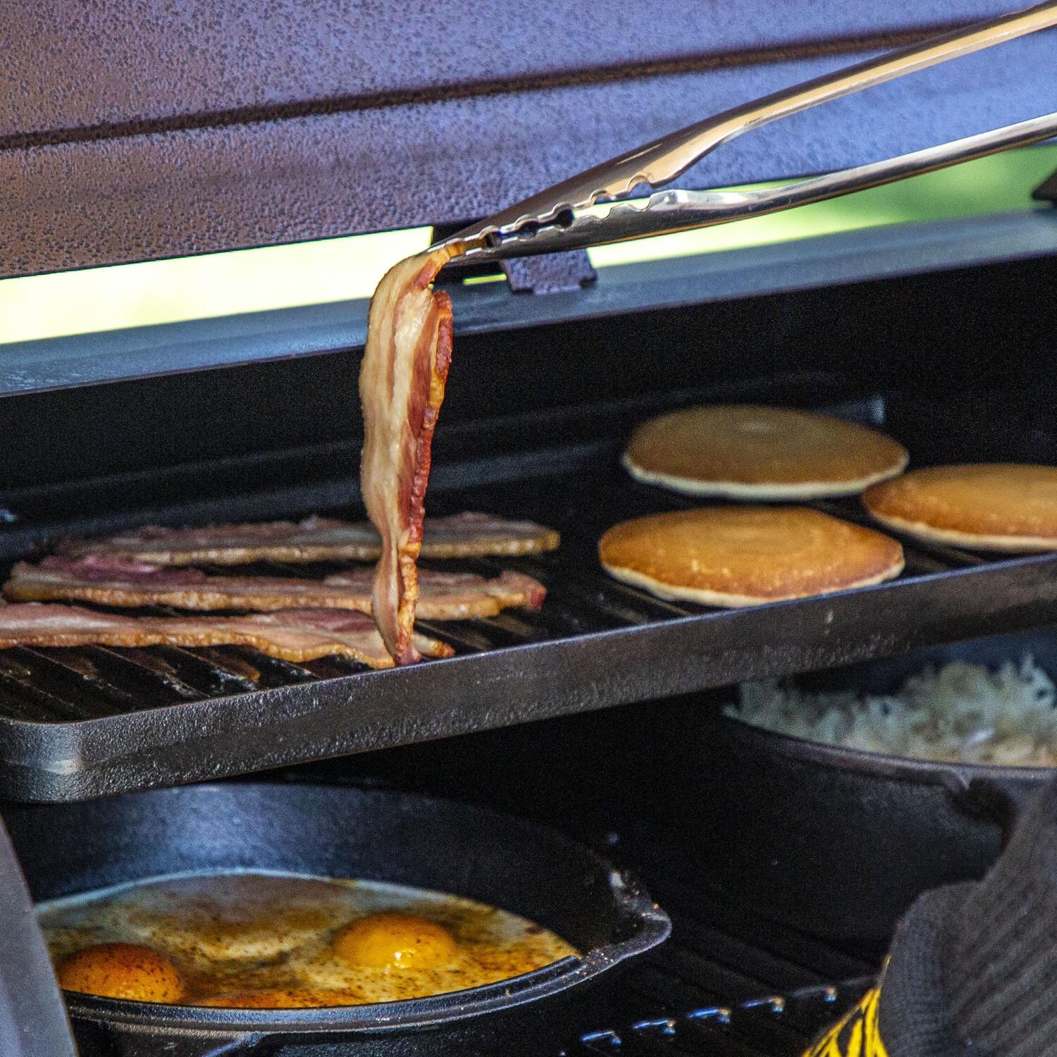 Pit Boss - 68007 - 20x10 Inch Pre-Seasoned Cast Iron Griddle - Cooking on Ribbed Side thumbnail