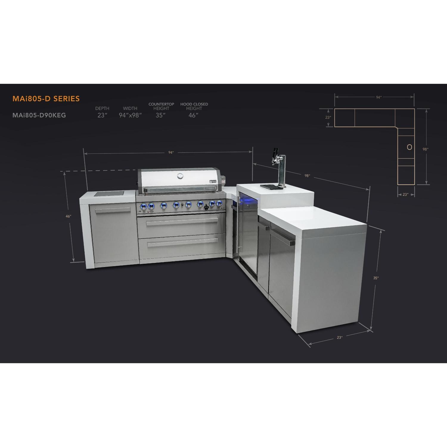 Mont Alpi MAi805-D90KEG 805 Deluxe Propane Island W/ 90 Degree Corner & Kegerator - Dimensional thumbnail