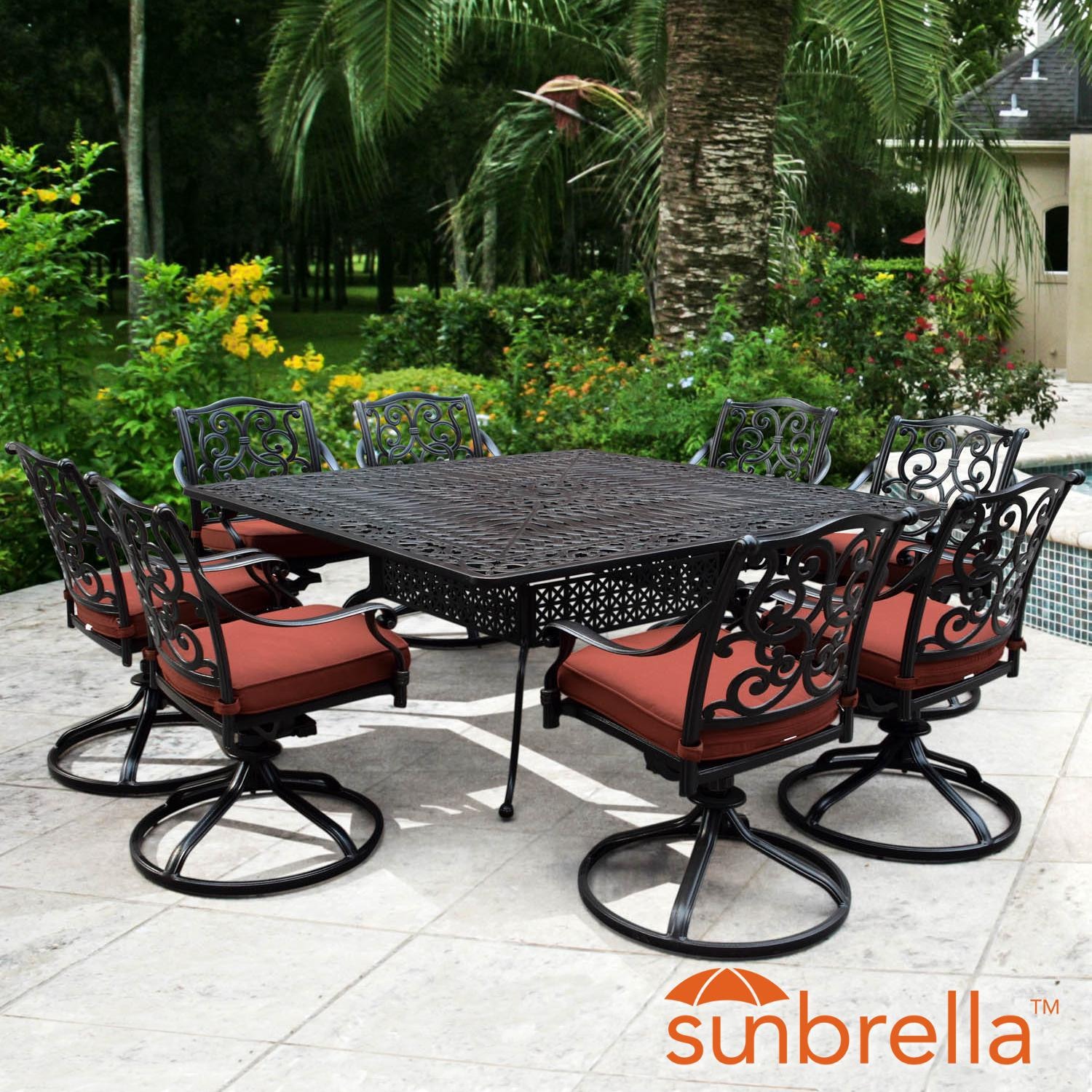 Villa Flora 9 Piece Cast Aluminum Patio Dining Set W Square Table Swivel Rockers Sunbrella Canvas Henna Cushions By Lakeview Outdoor Designs Bbqguys