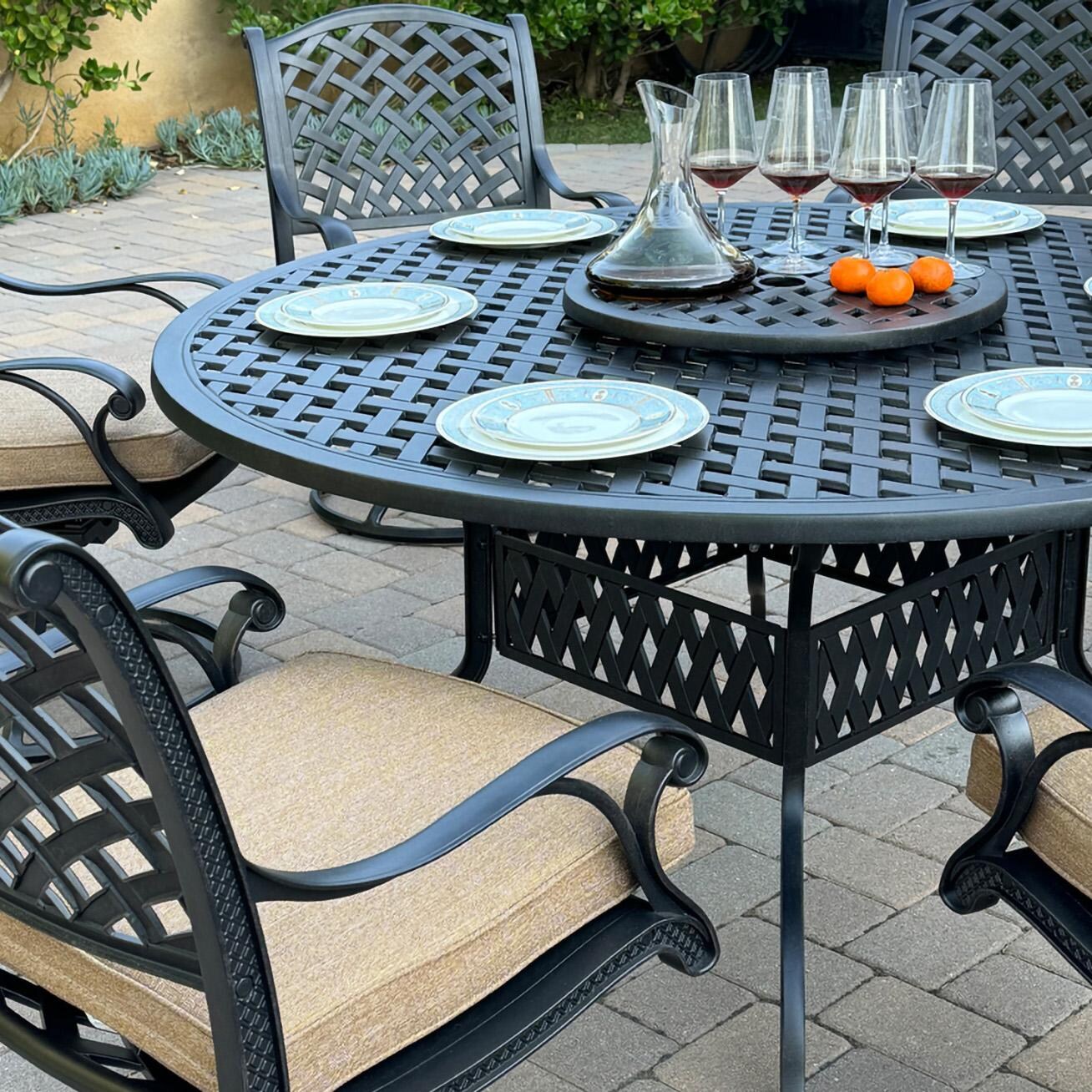 Darlee B/DL13-8PCAR-30D3921-S Nassau 8 Pc Cast Aluminum Dining Set in Antique Bronze w/ Sesame Cushions - Set Up Close - Lifestyle thumbnail