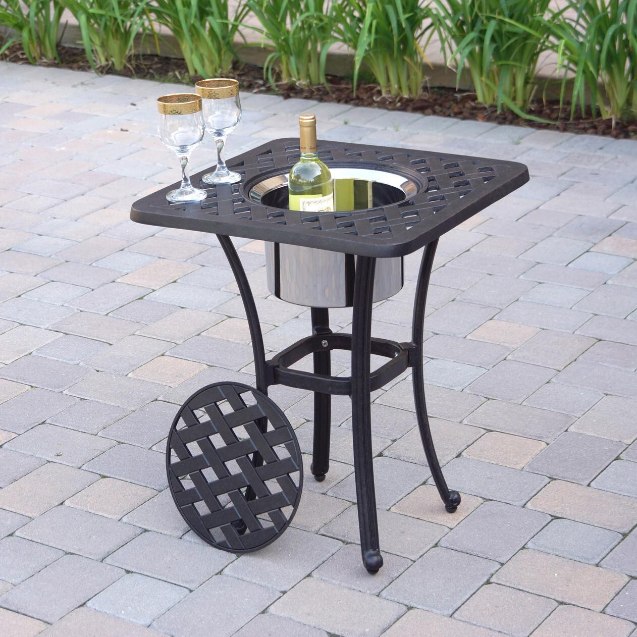 Darlee Nassau 3-Piece Patio Conversation Set with 21 Inch Square Ice Bucket End Table and Pillows - Table Open - Lifestyle thumbnail