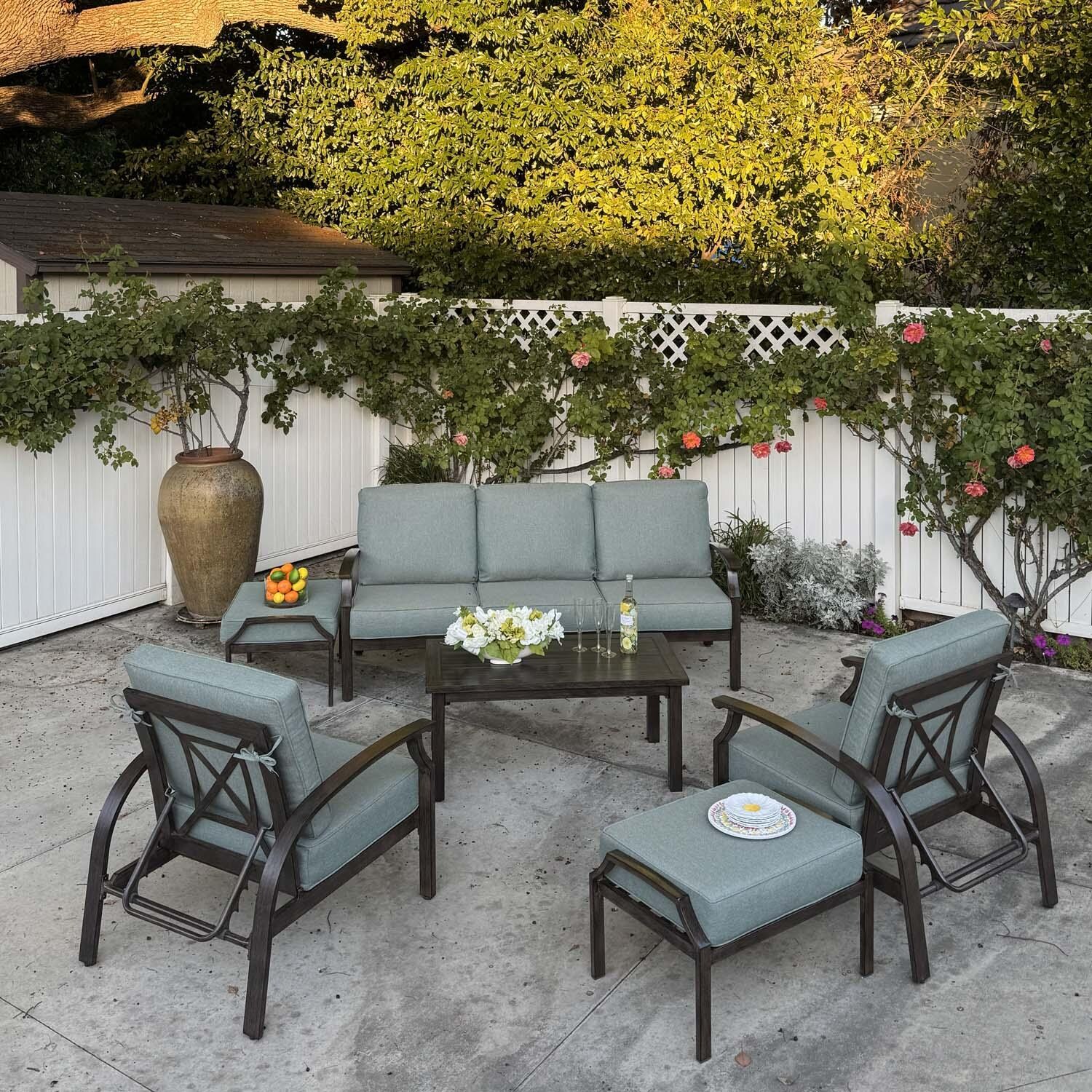Atlantis 6 Pc Aluminum Seating Set w/ Rectangular Coffee Table in Walnut/Spa by Darlee