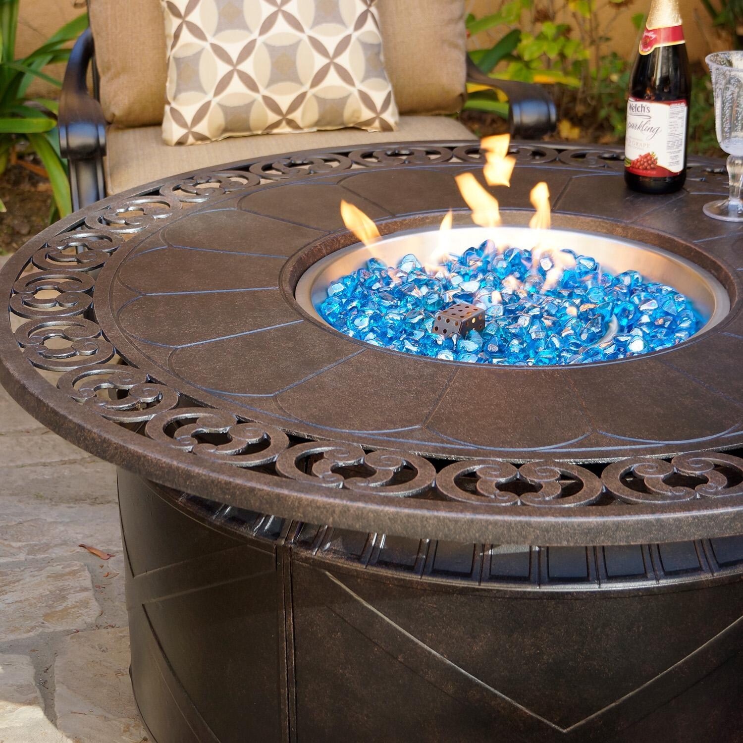 Darlee Elisabeth 5 Pc Cast Aluminum Fire Pit Seating Set w/ 47 Inch Table Throw Pillows in Antique Bronze/Beige - Table Lit - Lifestyle thumbnail