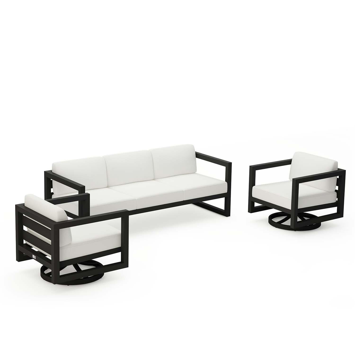 Misty Cove 3 Pc Aluminum Sofa Seating Set w/ Swivel Chairs in Black/Canvas Natural by Lakeview Outdoor Designs - Angled - White Background thumbnail