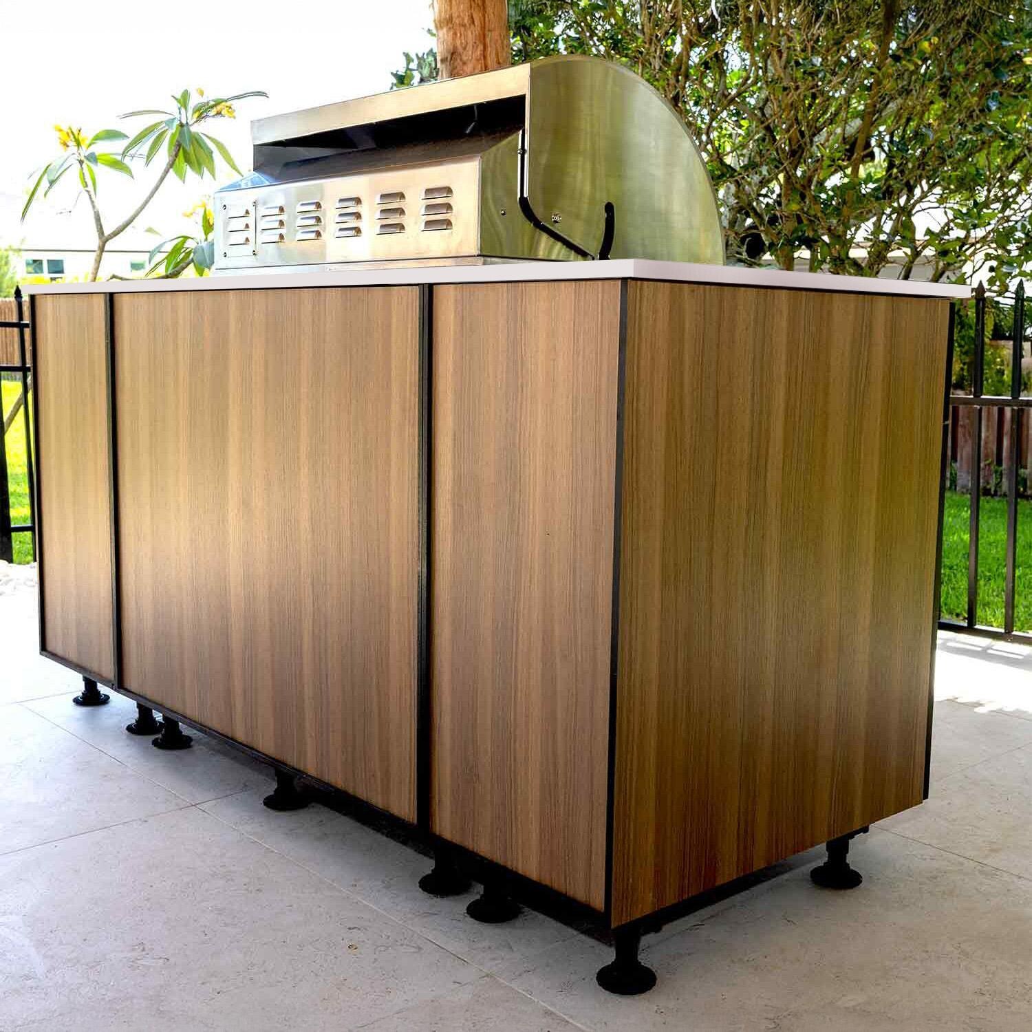 BBQGuys Signature Beech 6 Ft Outdoor Kitchen Island w/ Blaze Natural Gas Grill in Noce Havana/Icecap White - Back Angle - Lifestyle thumbnail