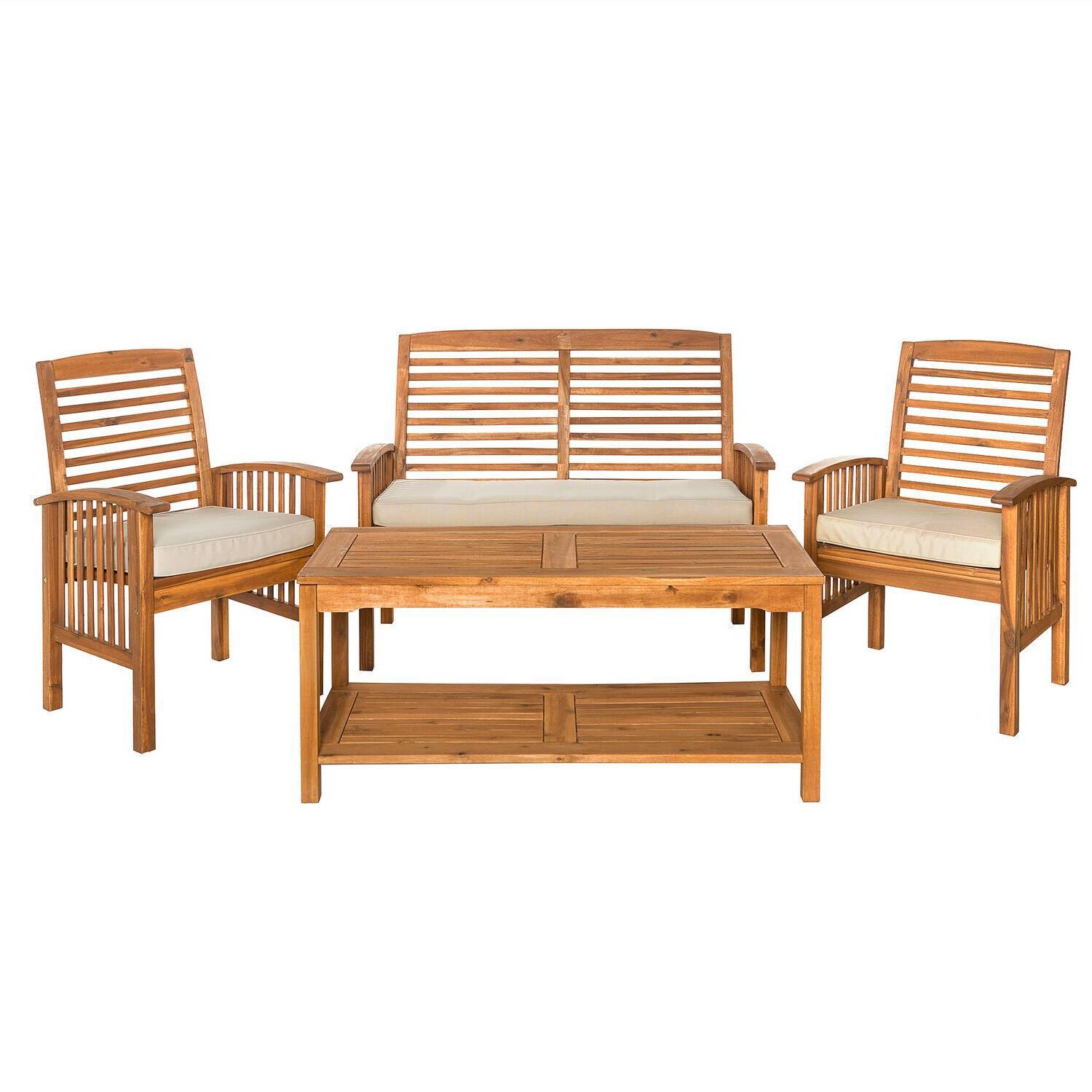 Ultimate Patio Horizon Way 4 Piece Brown Acacia Patio Conversation Set W/ Natural Cushions - Front View thumbnail