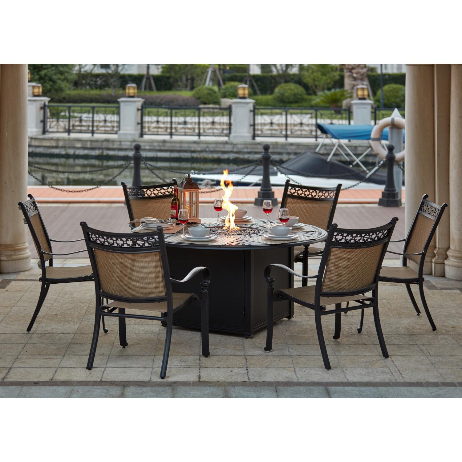 Darlee 201610-7PC-60GD Mountain 7 Piece Cast Aluminum Sling Patio Fire Pit Dining Set W/ 60 Inch Round Table - Lifestyle thumbnail