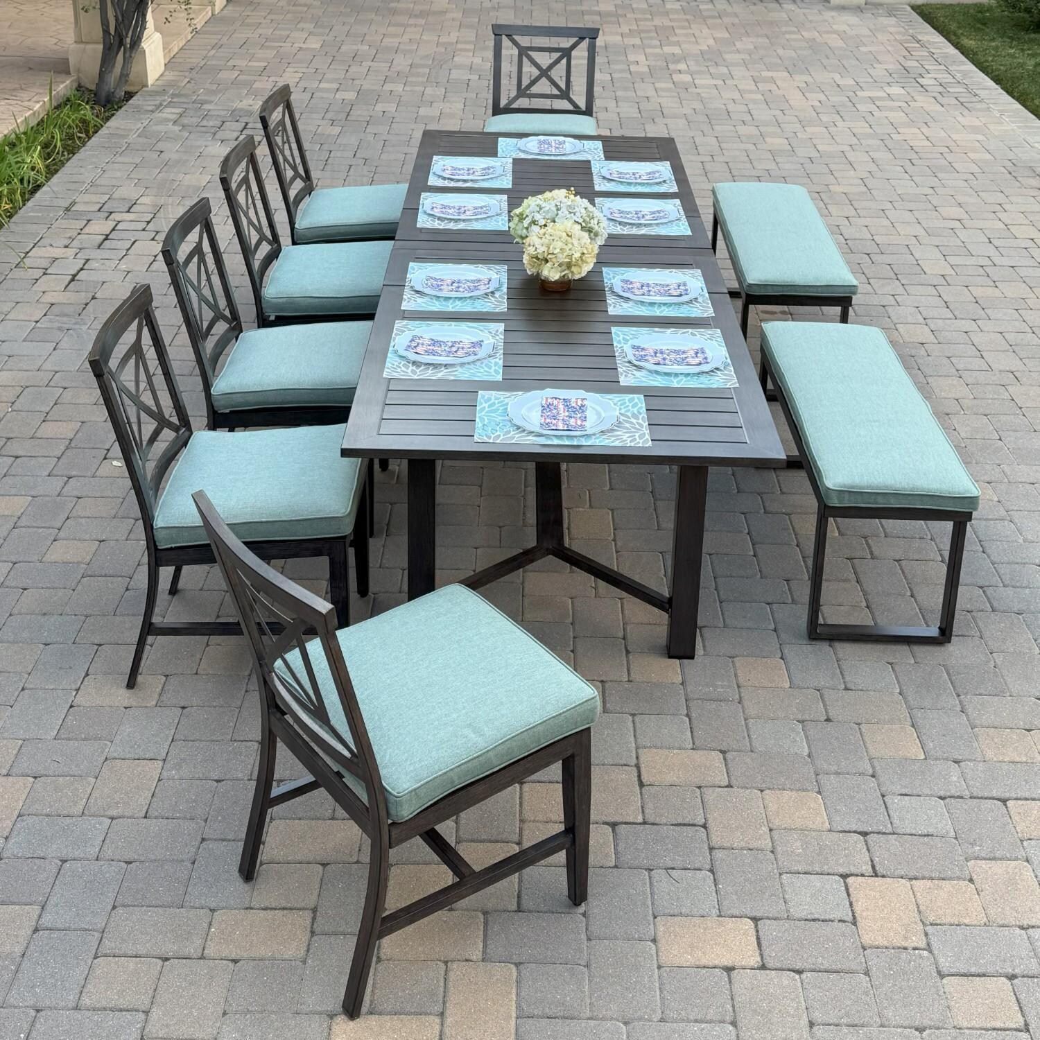 Atlantis 9 Pc Aluminum Dining Set w/ 6 Dining Side Chairs, 2 Two Person Benches & Extension Table in Walnut/Spa by Darlee - On Patio - Lifestyle thumbnail