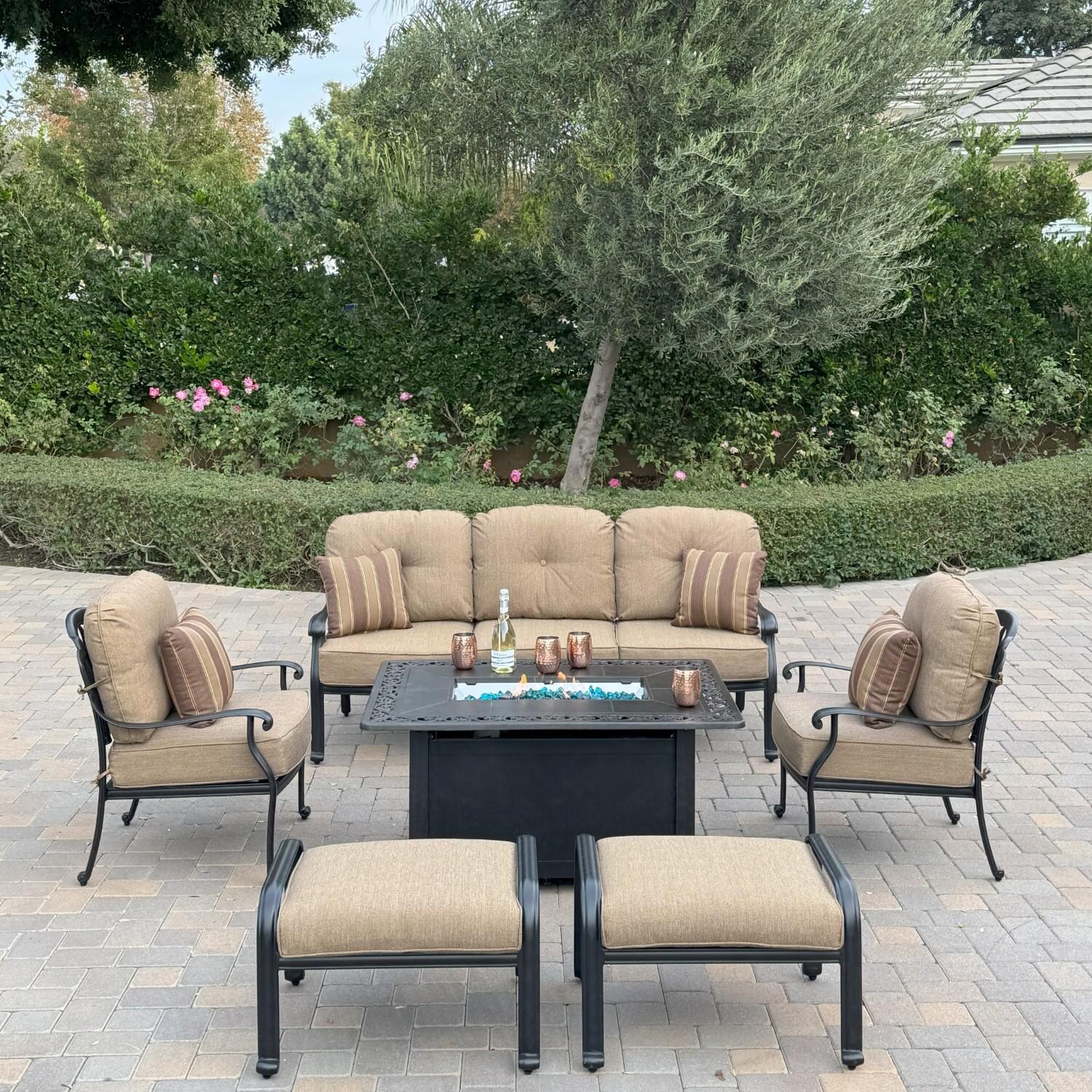 Elisabeth 6 Pc Cast Aluminum Fire Pit Seating Set w/ Club Chairs, Sofa, and Ottoman in Antique Bronze/Sesame by Darlee