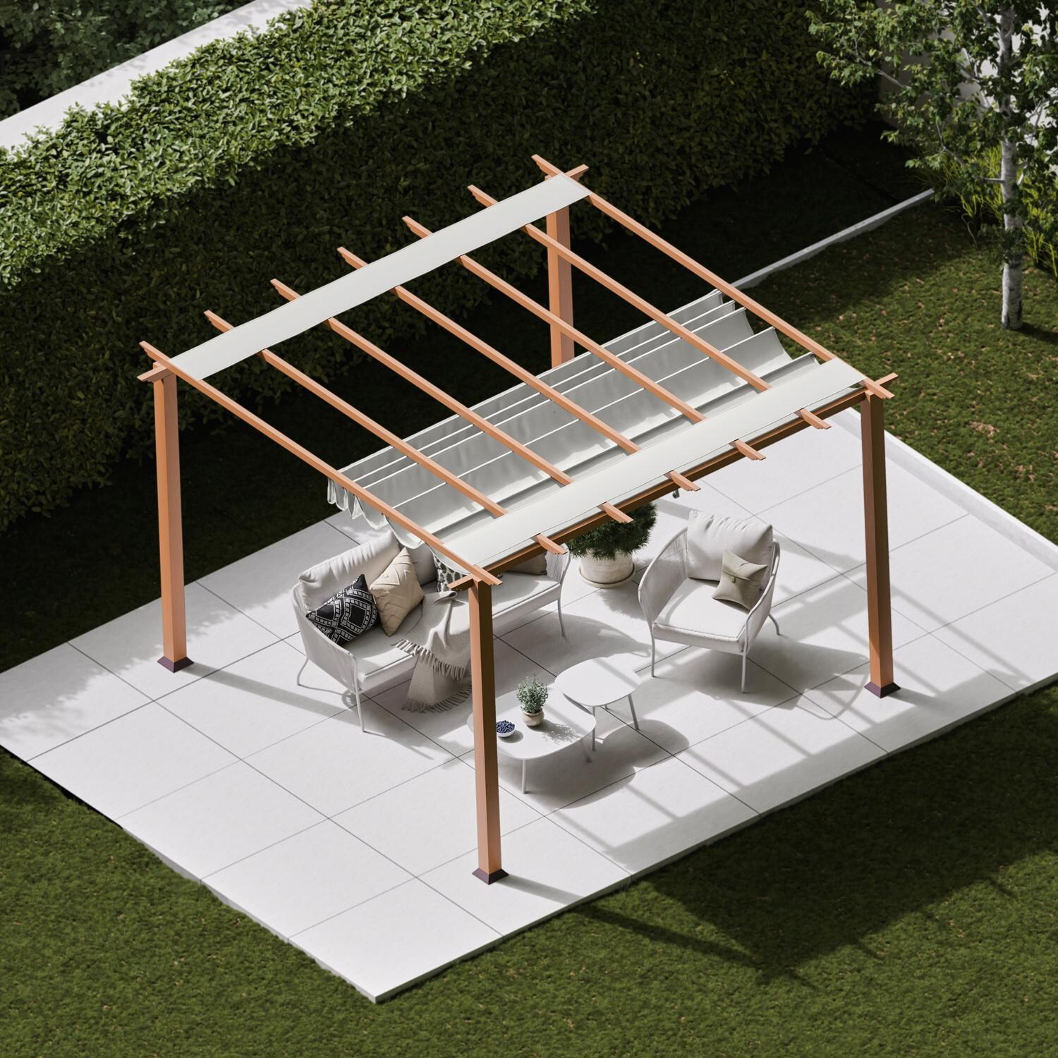 Paragon Outdoor PR11WD1W Florence 11' x 11' Cedar Pergola w/ White Canopy - From Above - Lifestyle thumbnail