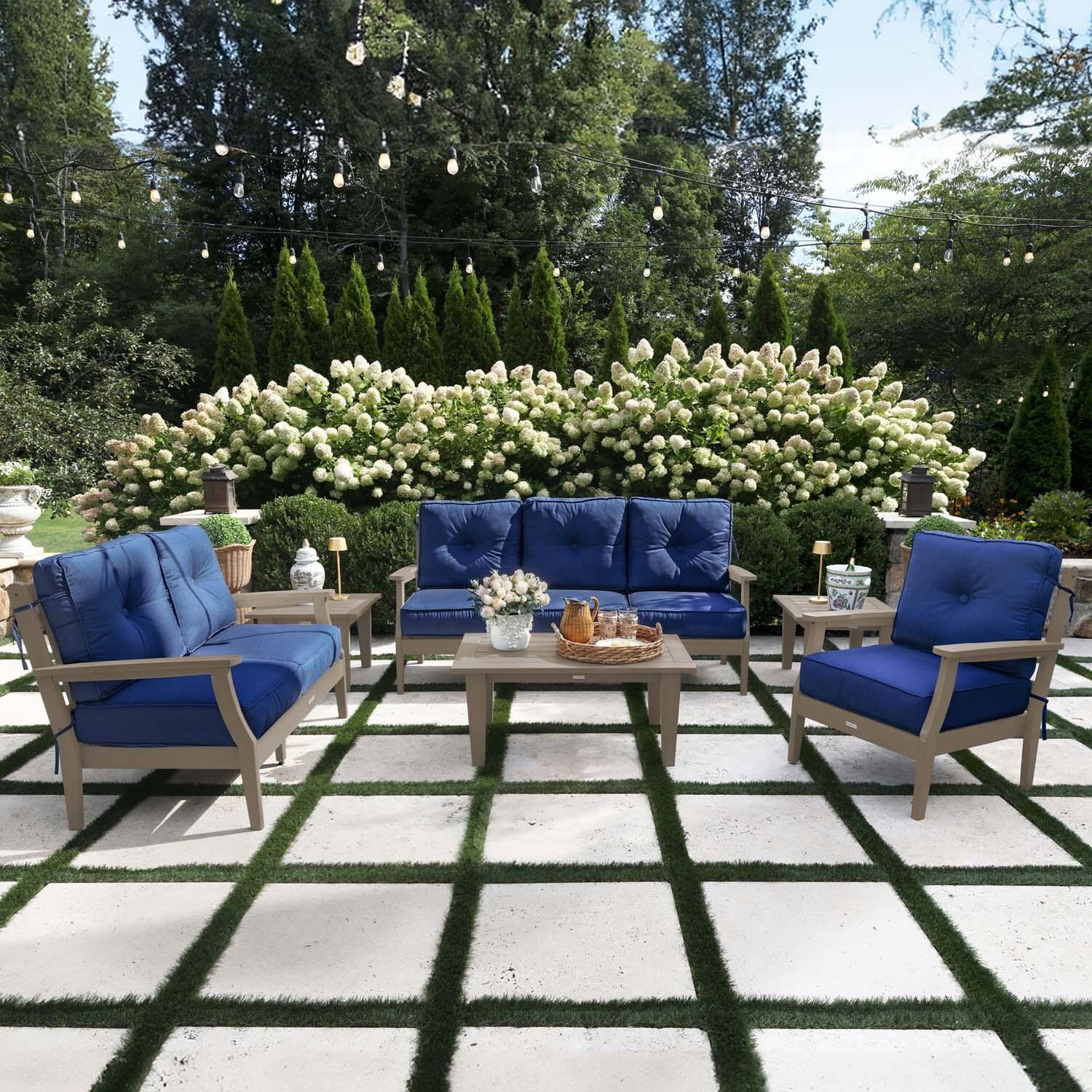 Blushing Bay 6 Pc Recycled Plastic Grand Seating Set in Spectrum Indigo/Woodland Brown by Lakeview Outdoor Designs
