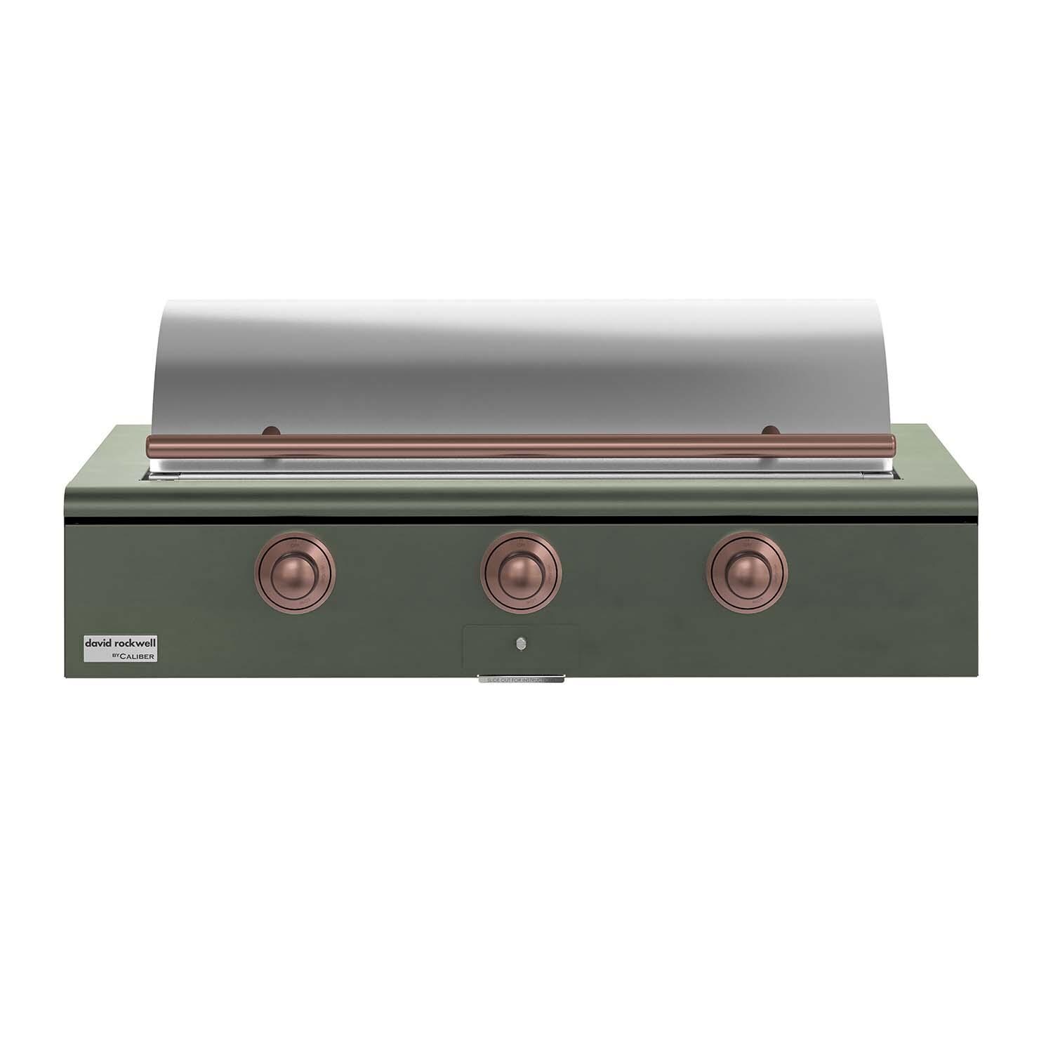 Caliber CRG-48BL00-A-238-H03 48-in Propane Built-In Rockwell Grill - Olive w/ Copper Hardware - Lid Closed - White Background thumbnail
