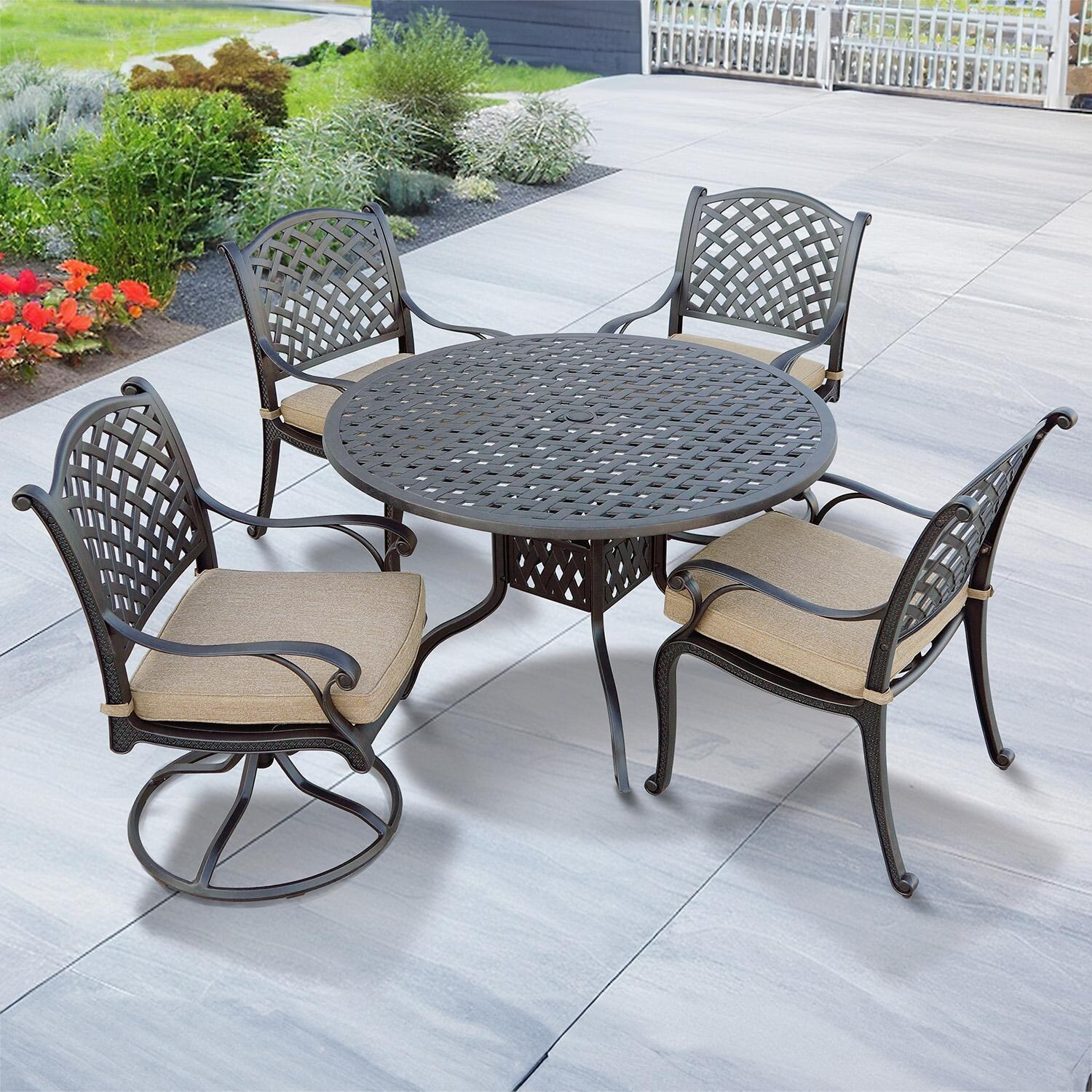 Darlee Nassau 5-Piece Patio Dining Set (with 2 Swivel Rockers) with Sesame Cushions and 48 Inch Round Dining Table - Set - Lifestyle thumbnail