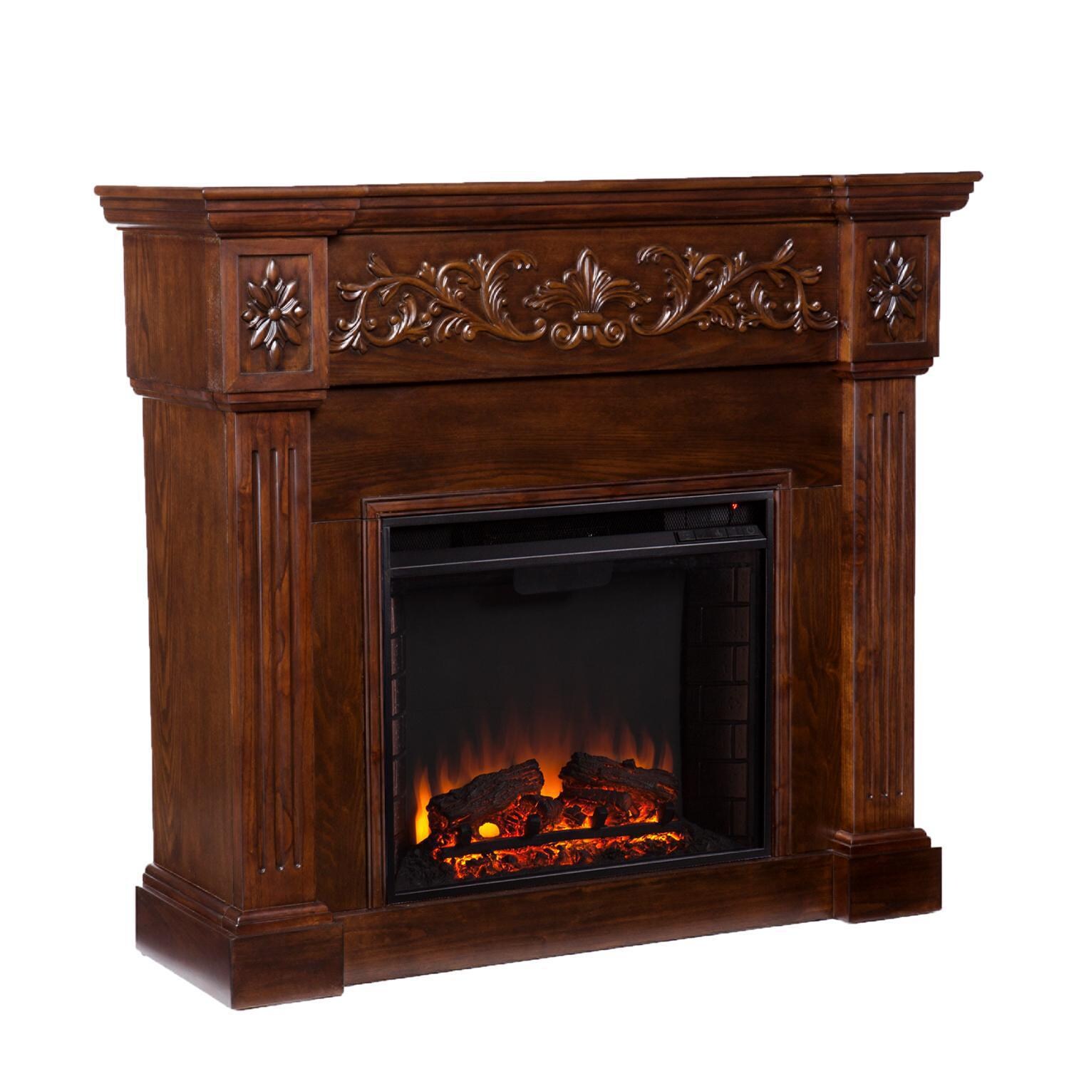 Southern Enterprises Calvert Carved 44-Inch Electric Fireplace Mantel W/ Infrared Heater - Rich Espresso - FI9278 - Angled View thumbnail