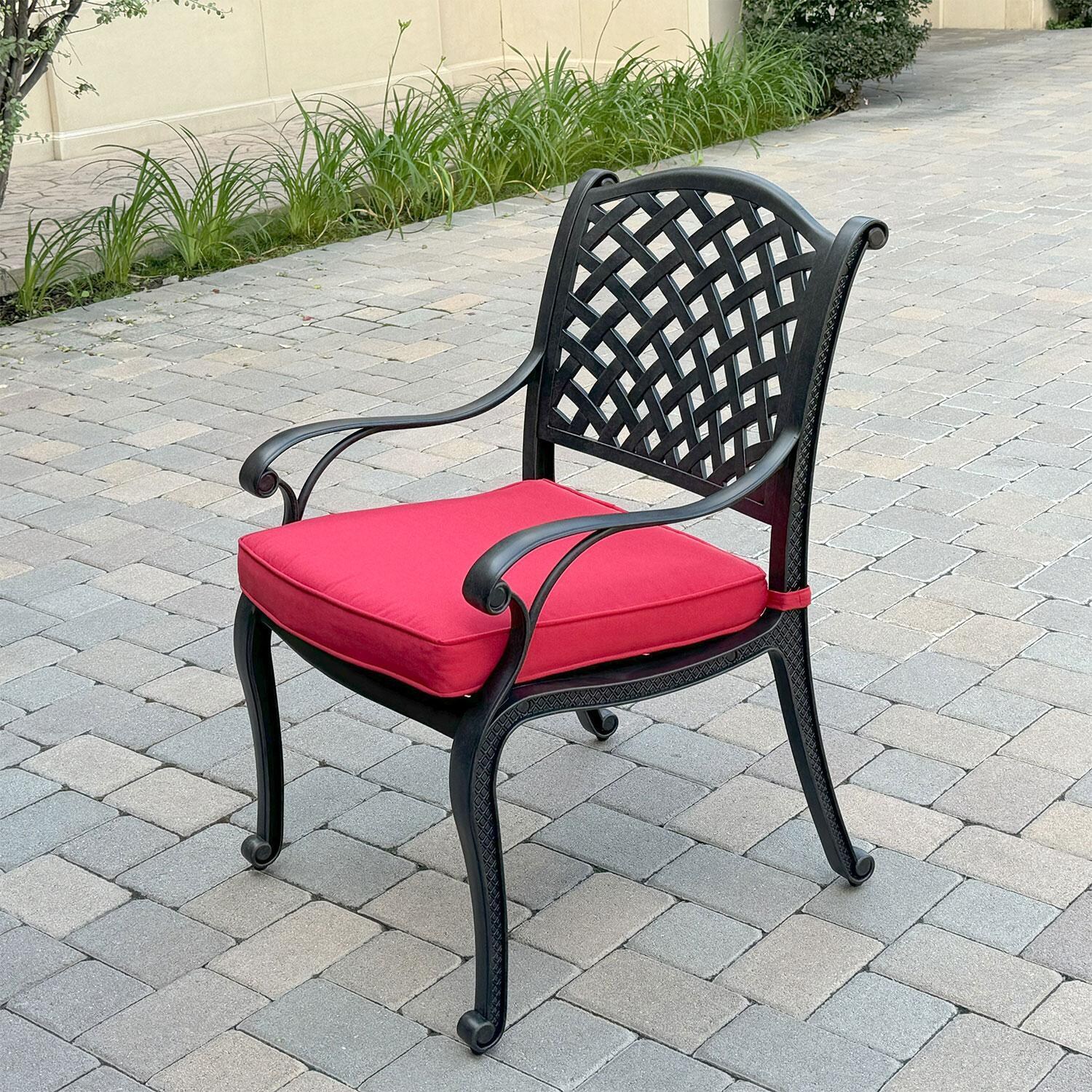 Nassau 7 Pc Cast Aluminum Patio Dining Set W/ 2 Swivel Rockers & Red Cushions By Darlee - Dining Chair - Back Patio - Lifestyle thumbnail