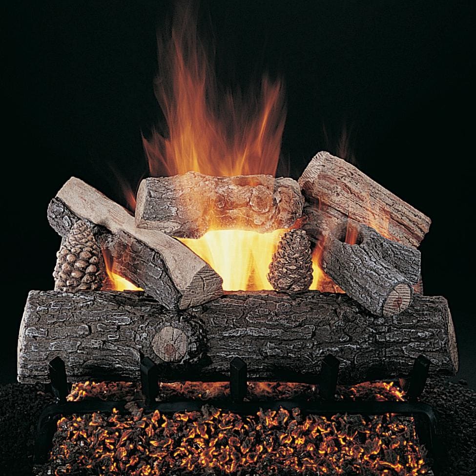 Rasmussen 18-Inch Lone Star Gas Log Set With Vented Valve Vanisher Natural Gas Flaming Ember Burner With Grate - Electronic Variable Flame Remote