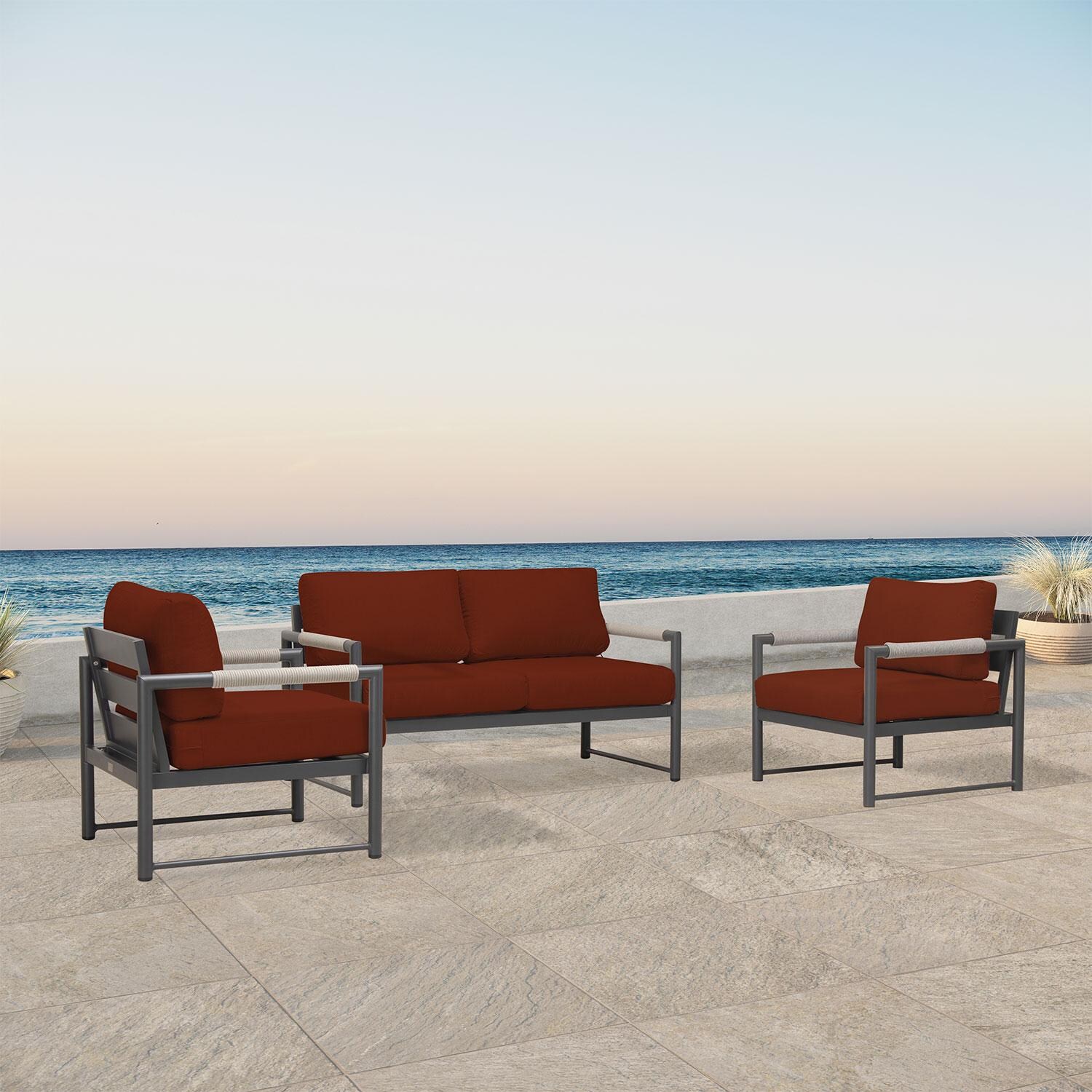 Lakeview AVEBAY-SL-PG-SET120-HN Avenue Bay Slate/Pebble Gray 3 Pc Loveseat Set - Harvest Natural - Angled On Patio - Lifestyle thumbnail