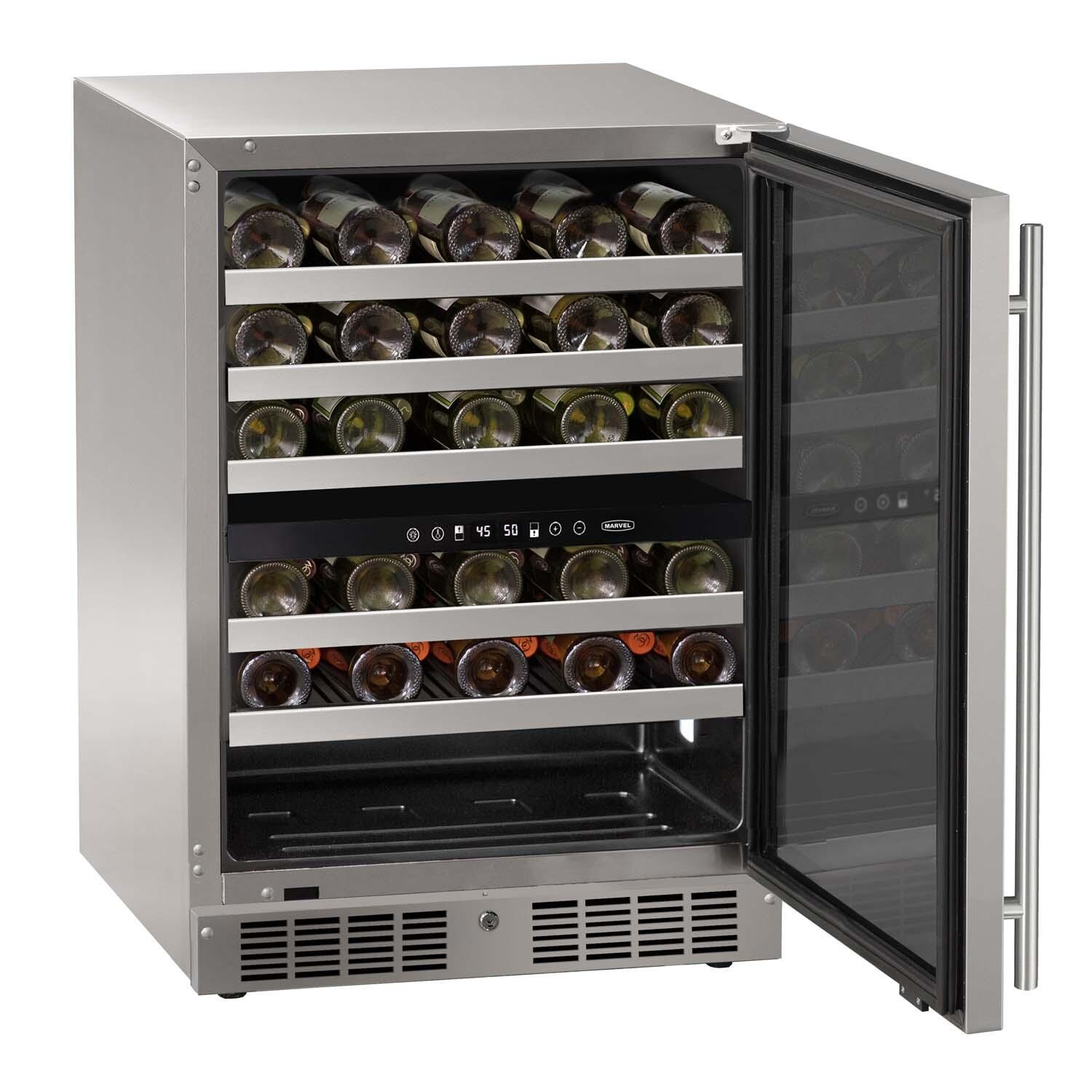 Marvel MRWD224-SG31A 24-in 5.1 Cu. Ft. Dual-Zone Wine Refrigerator - Door Open w/ Wine Bottles - White Background thumbnail