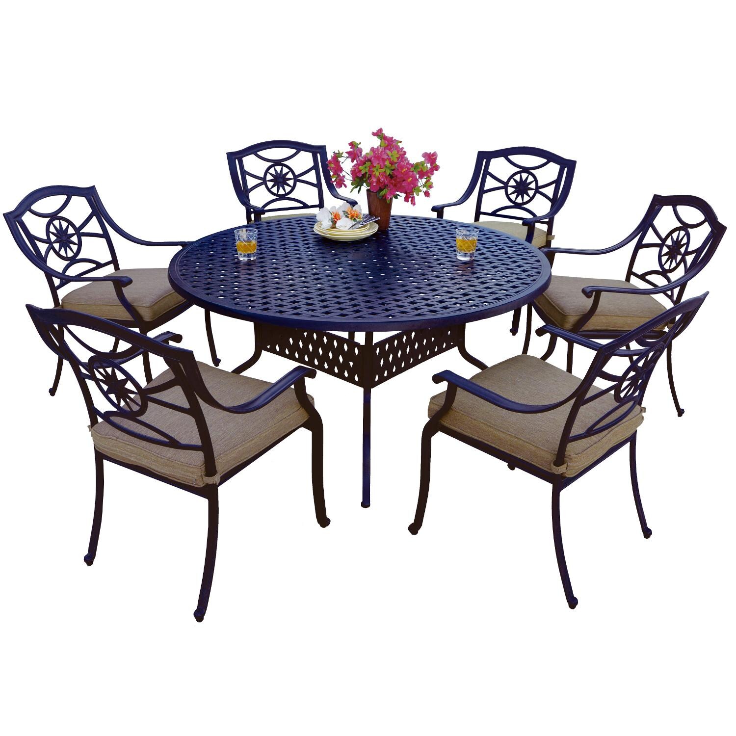 Ten Star 7 Piece Cast Aluminum Patio Dining Set W/ 60 Inch Round Table & Sesame Cushions By Darlee thumbnail