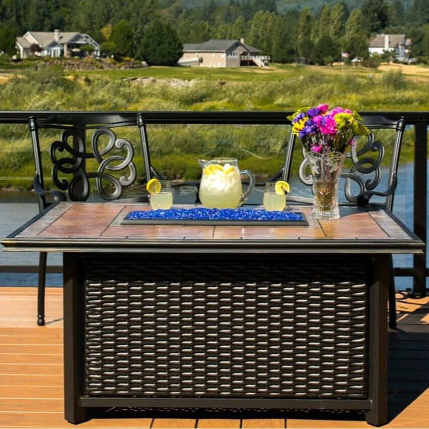 Tretco 54-Inch Rectangular Wicker Fire Pit Table - Dark Brown W/ Tile Top - Lifestyle Deck thumbnail