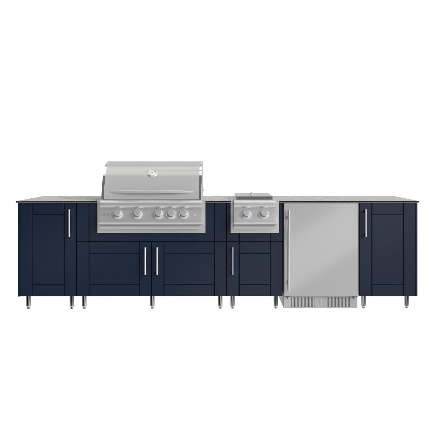 WeatherStrong Nassau 10 1/2 Ft Outdoor Kitchen Island w/ Blaze Propane Grill, Side Burner & Refrigerator in Sapphire Blue/Glacier Frost