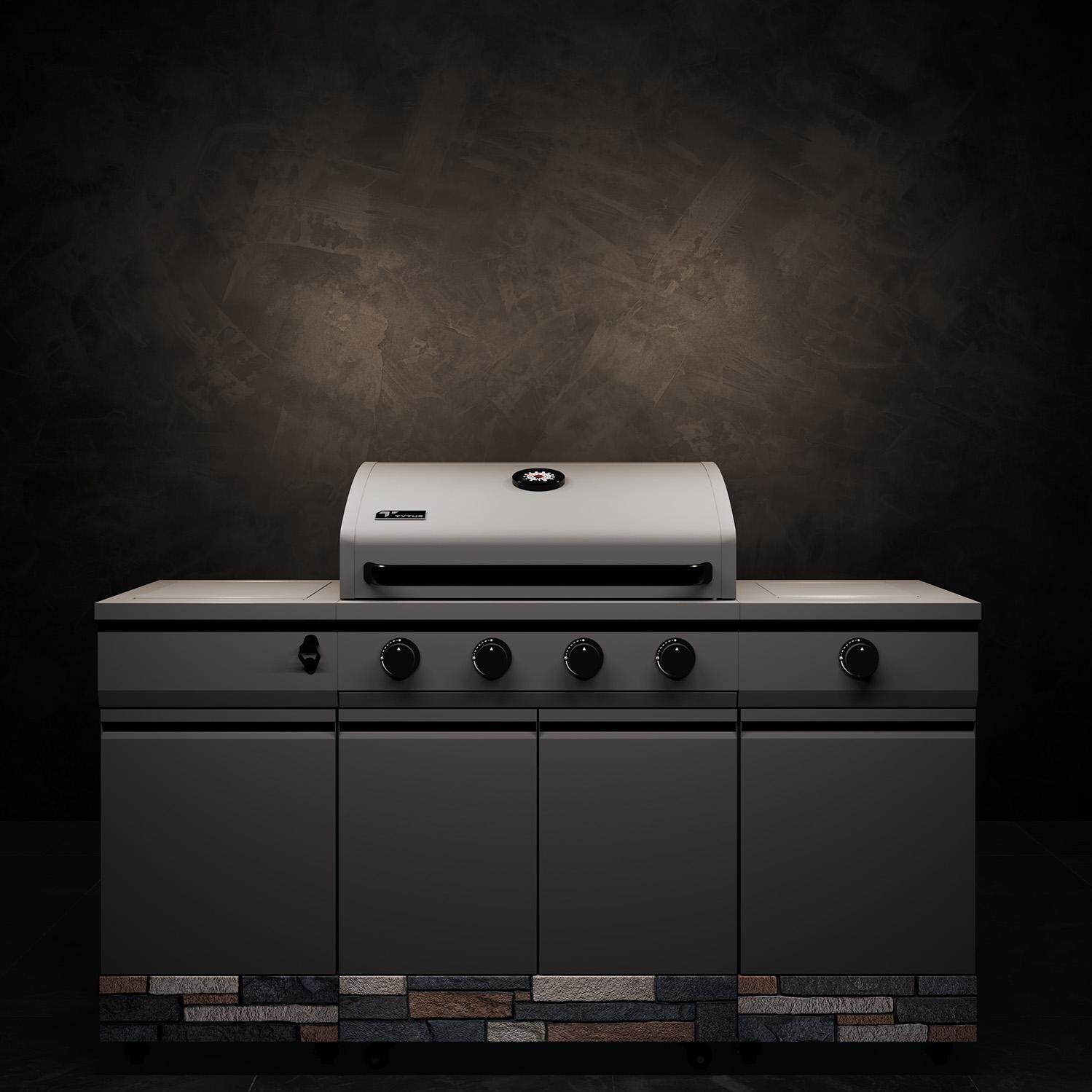 TYTUS Fresno Series Gunmetal Gray & Ash Stacked Stone Natural Gas Grill Island (Ships Propane w/ Conversion Kit) - Black Background - Detail thumbnail
